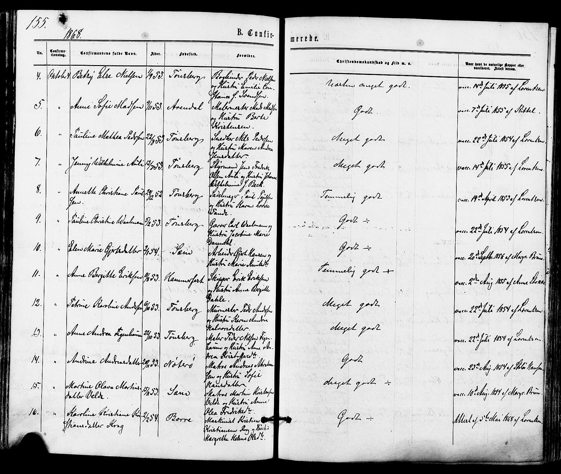 Tønsberg kirkebøker, AV/SAKO-A-330/F/Fa/L0009: Ministerialbok nr. I 9, 1865-1873, s. 155