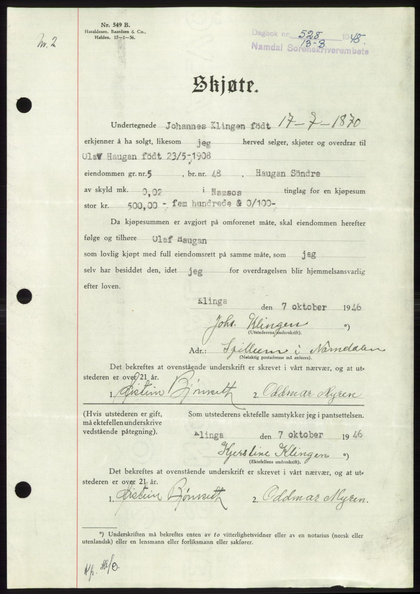 Namdal sorenskriveri, SAT/A-4133/1/2/2C: Pantebok nr. -, 1947-1948, Dagboknr: 528/1948