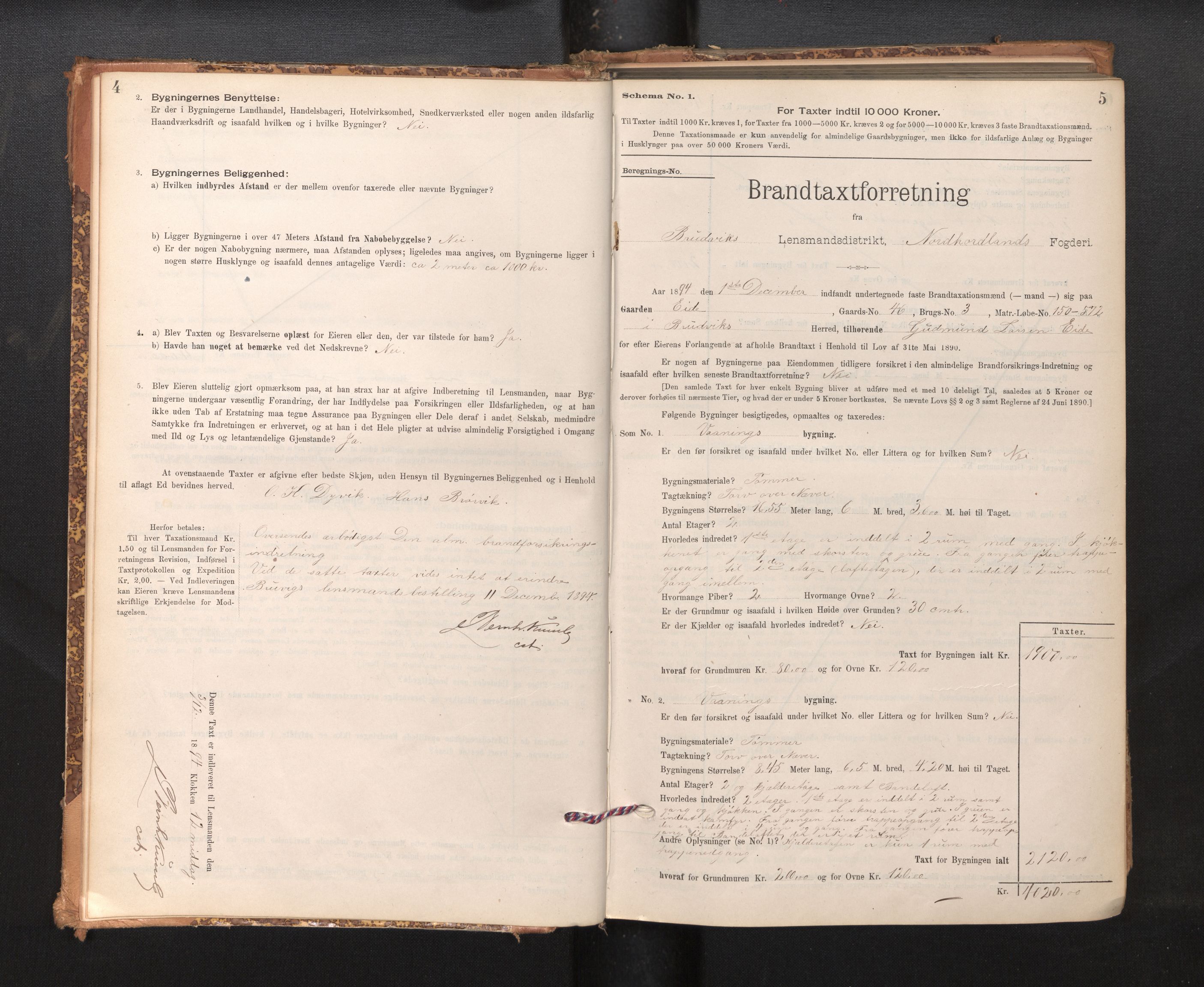 Lensmannen i Bruvik, SAB/A-31301/0012/L0006: Branntakstprotokoll, skjematakst, 1894-1906, s. 4-5