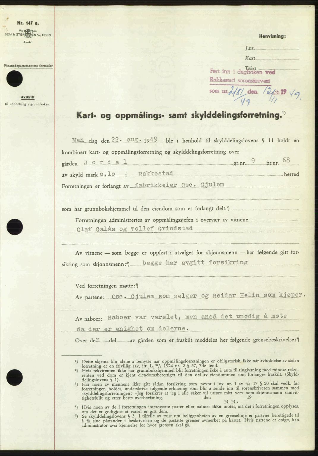 Rakkestad sorenskriveri, SAO/A-10686/G/Gb/Gba/Gbab/L0019: Pantebok nr. A19, 1949-1950, Dagboknr: 1281/1949