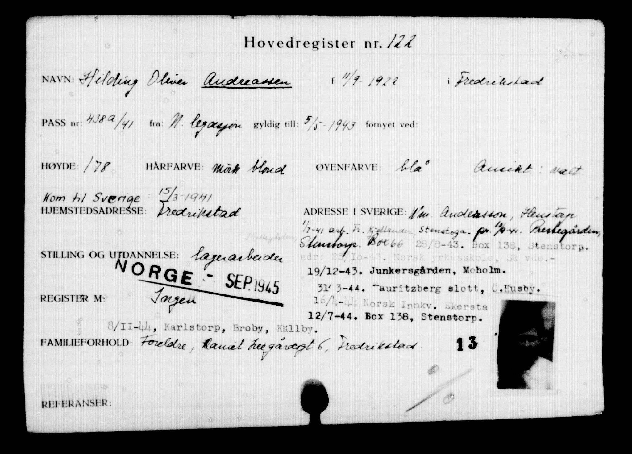 Utenriksstasjonene, Legasjonen i Stockholm, Flyktningkontoret, AV/RA-S-6753/V/Va/L0001: Kjesäterkartoteket, flyktninger med registreringsnr. 1-1000, 1940-1945, s. 198