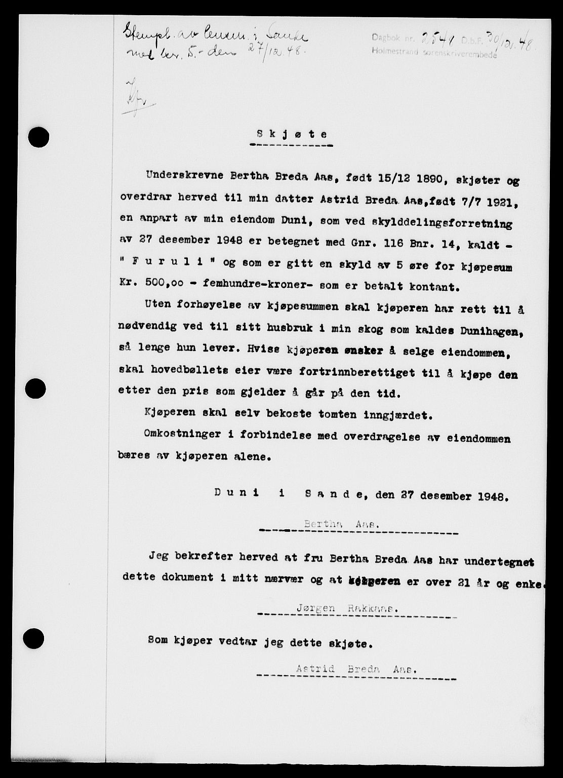 Holmestrand sorenskriveri, SAKO/A-67/G/Ga/Gaa/L0065: Pantebok nr. A-65, 1948-1949, Dagboknr: 2548/1948