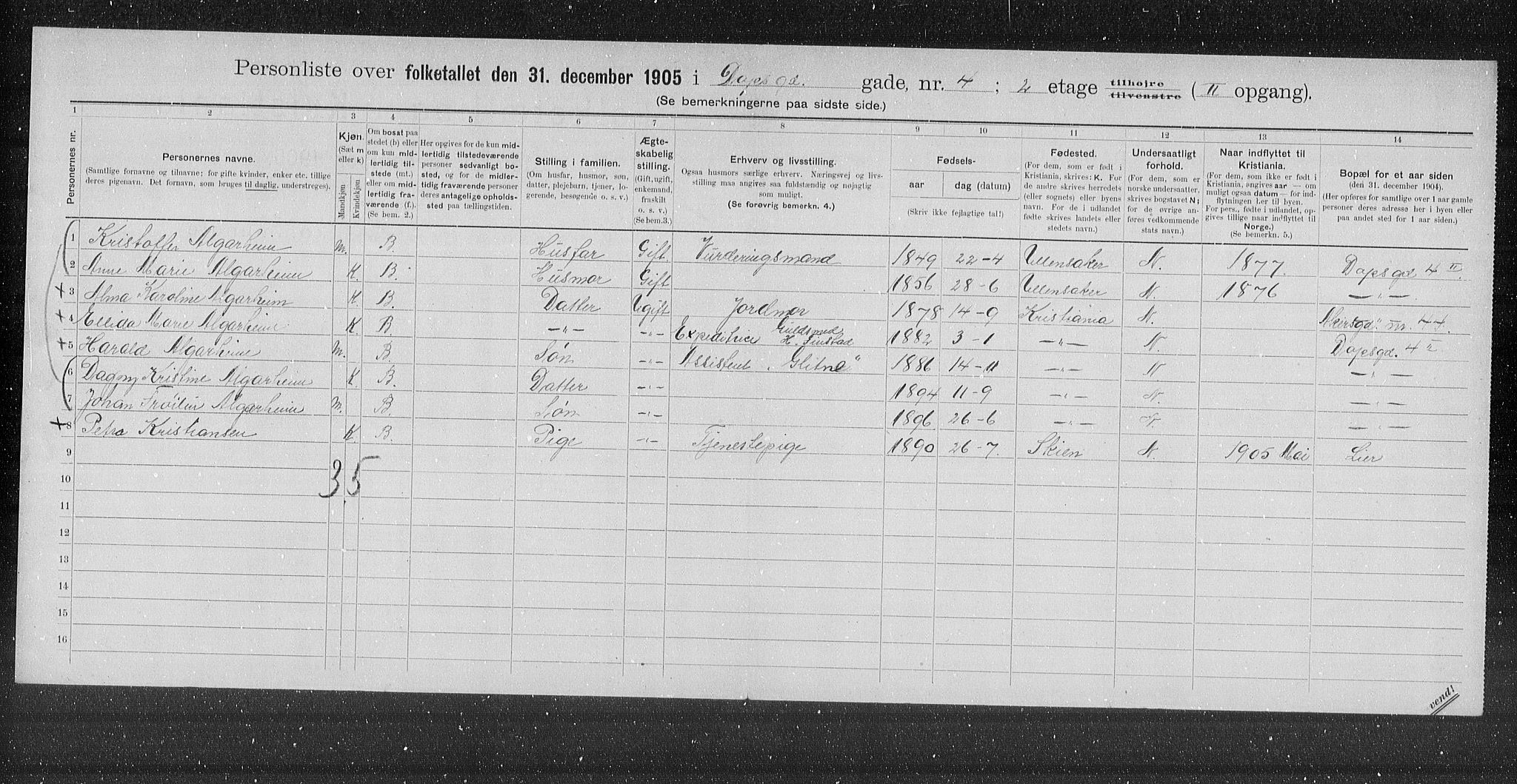 OBA, Kommunal folketelling 31.12.1905 for Kristiania kjøpstad, 1905, s. 8239
