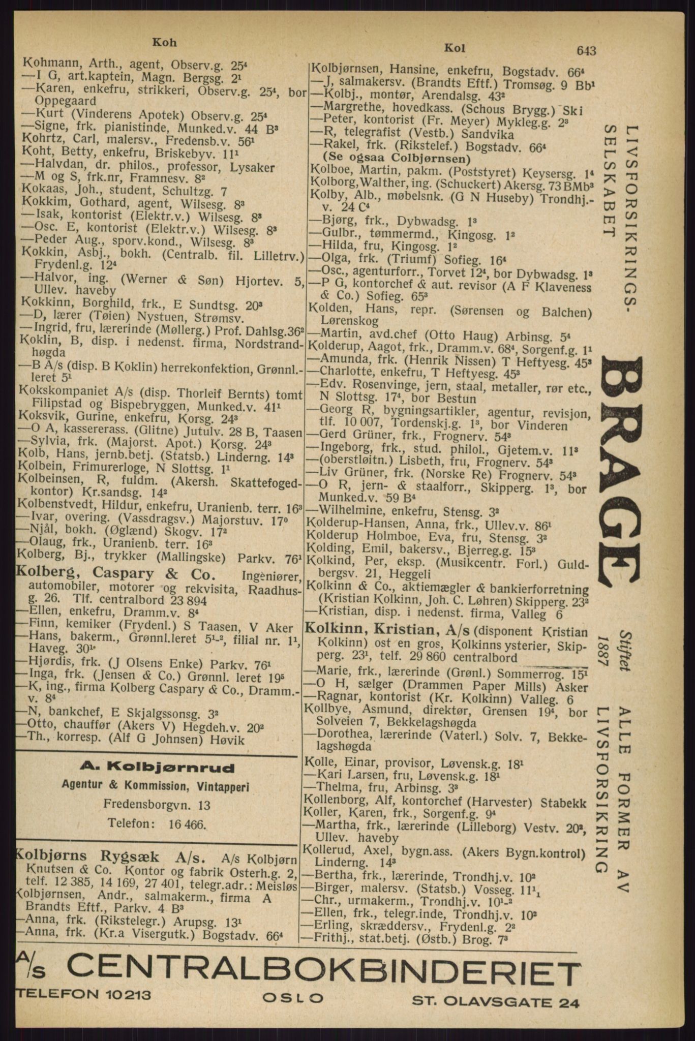 Kristiania/Oslo adressebok, PUBL/-, 1927, s. 643