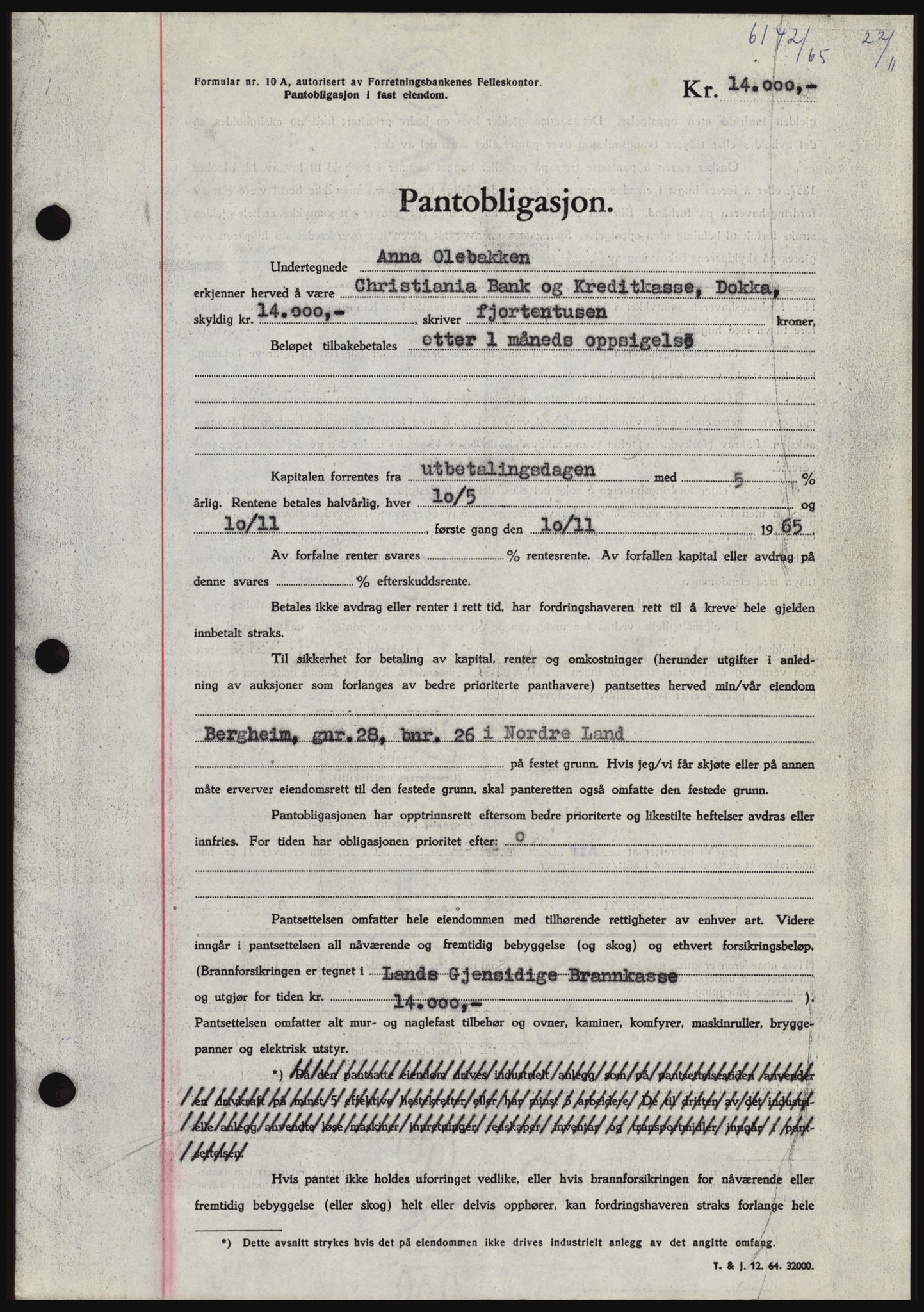 Hadeland og Land tingrett, SAH/TING-010/H/Hb/Hbc/L0061: Pantebok nr. B61, 1965-1966, Dagboknr: 6142/1965