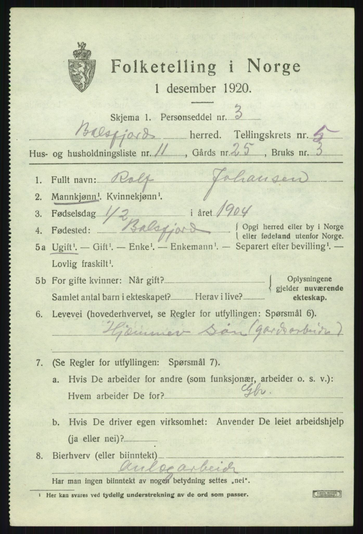 SATØ, Folketelling 1920 for 1933 Balsfjord herred, 1920, s. 3236