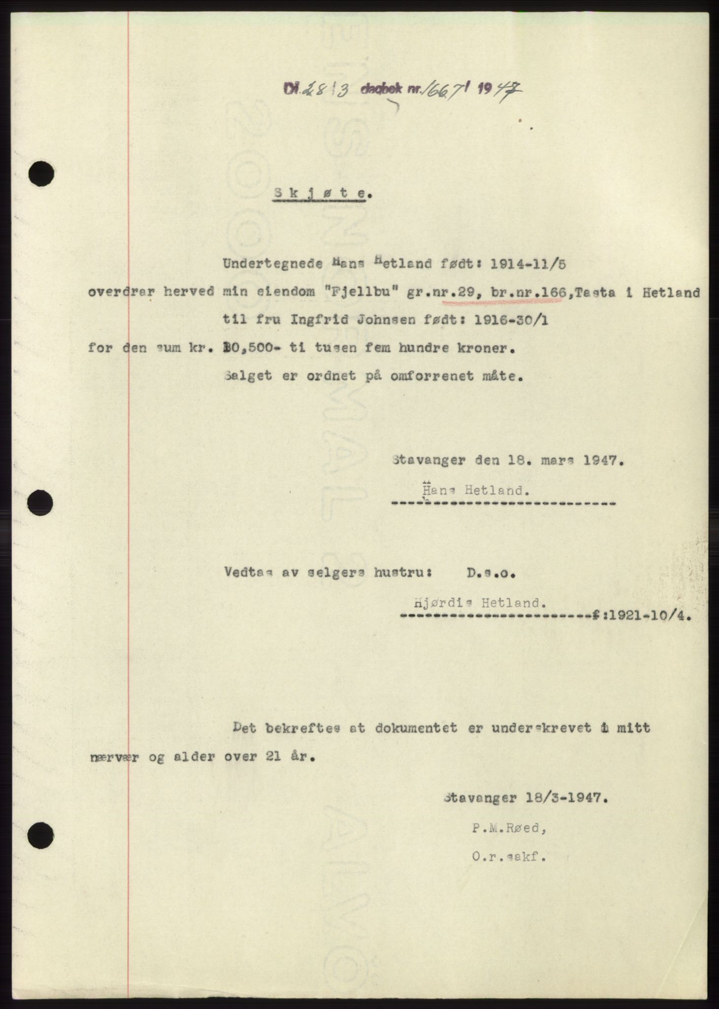 Jæren sorenskriveri, SAST/A-100310/03/G/Gba/L0094: Pantebok, 1947-1947, Dagboknr: 1667/1947