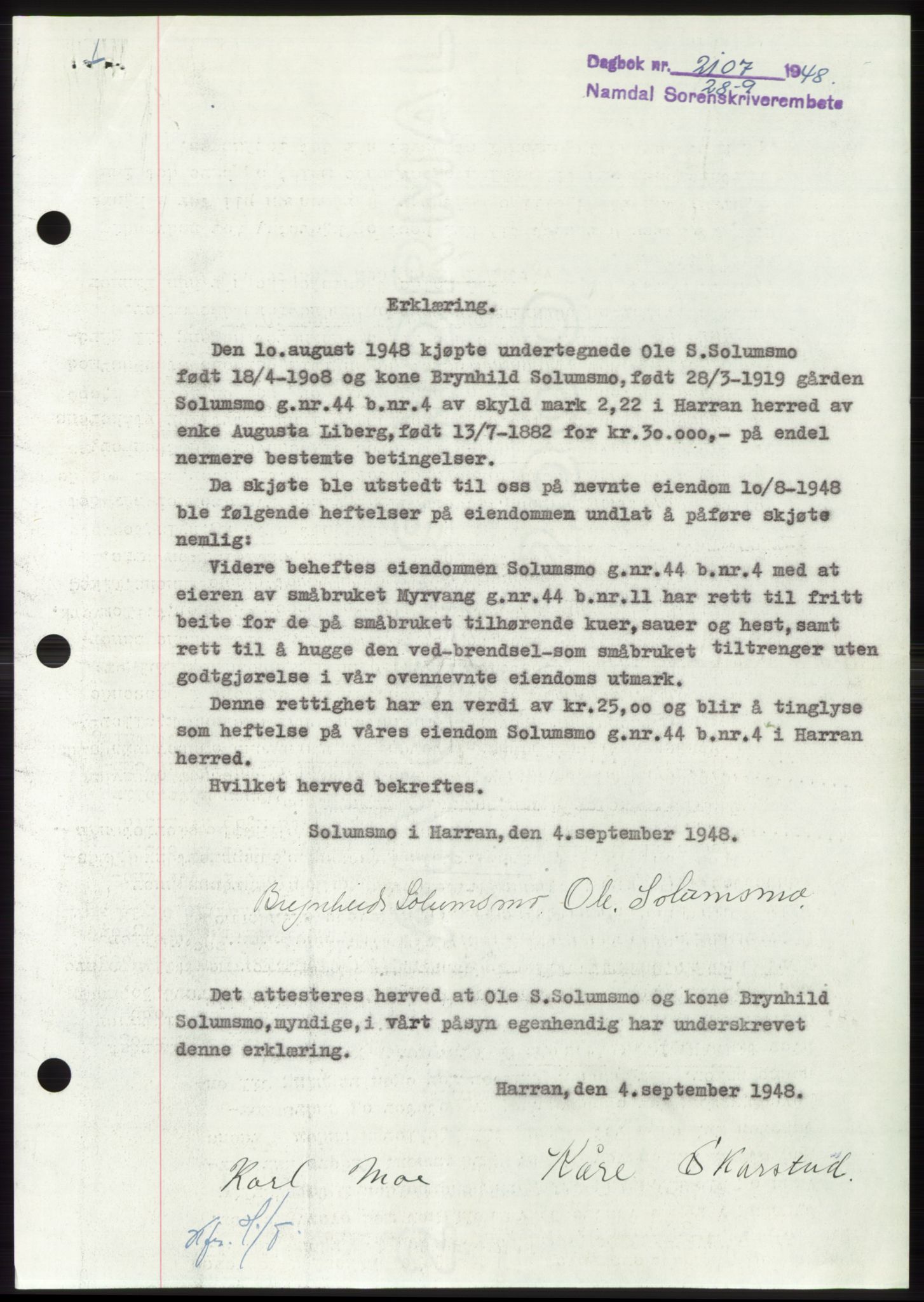 Namdal sorenskriveri, SAT/A-4133/1/2/2C: Pantebok nr. -, 1948-1948, Dagboknr: 2107/1948