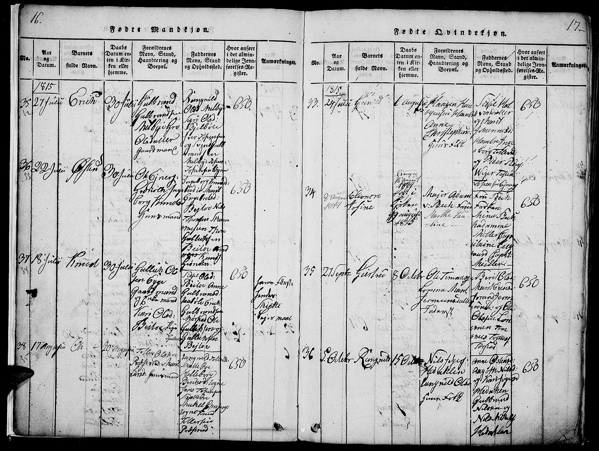 Slidre prestekontor, AV/SAH-PREST-134/H/Ha/Haa/L0002: Ministerialbok nr. 2, 1814-1830, s. 16-17