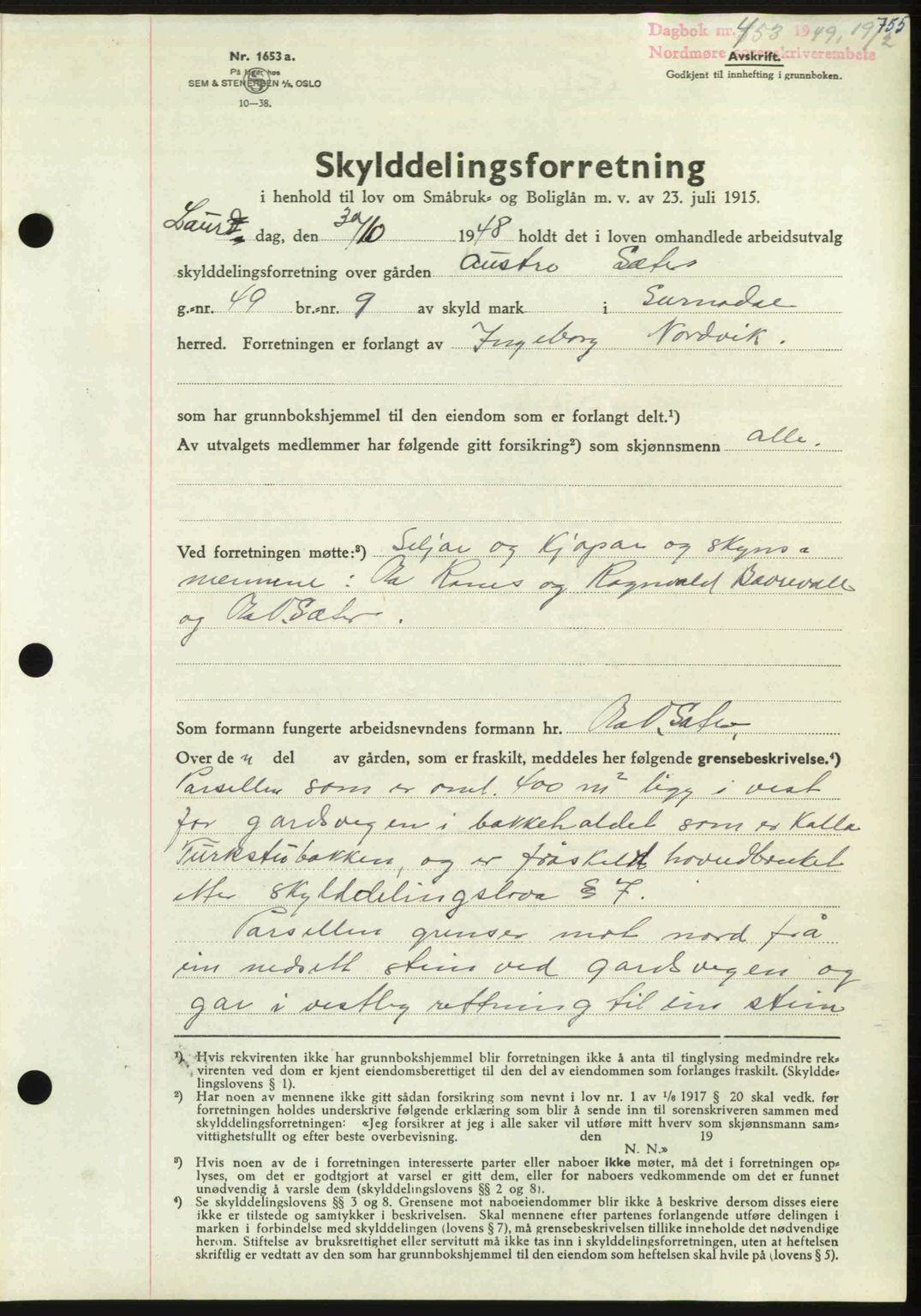 Nordmøre sorenskriveri, SAT/A-4132/1/2/2Ca: Pantebok nr. A110, 1948-1949, Dagboknr: 453/1949