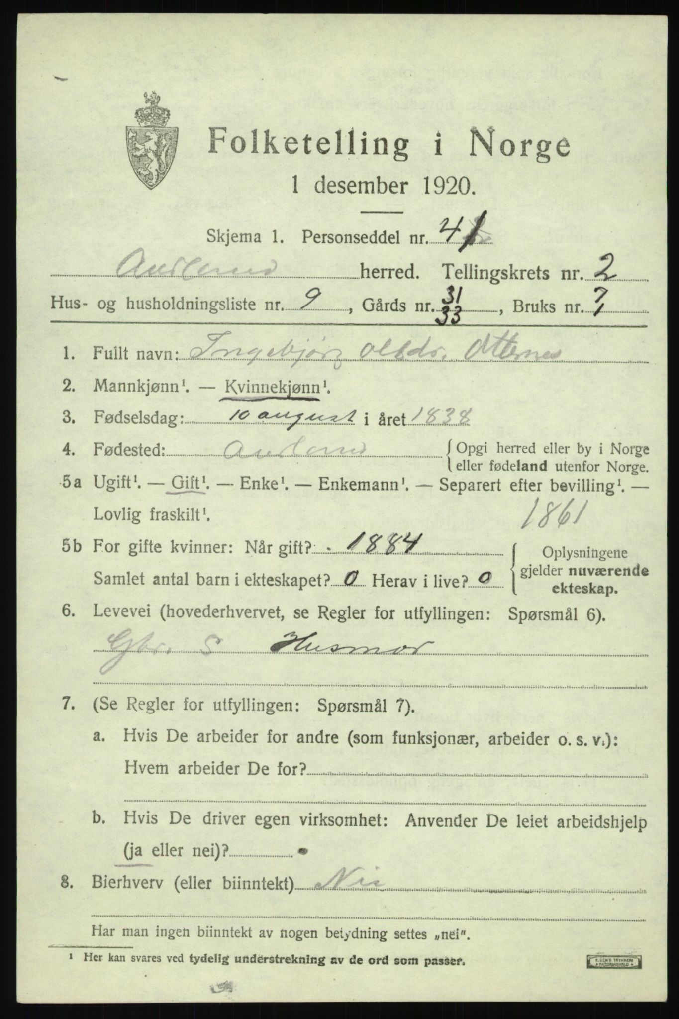 SAB, Folketelling 1920 for 1421 Aurland herred, 1920, s. 1910
