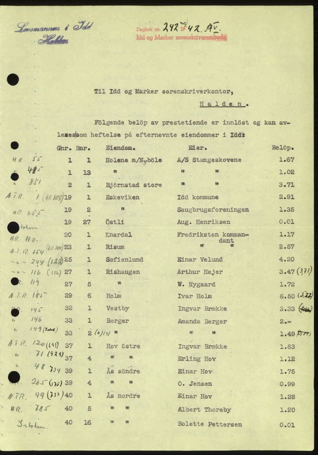 Idd og Marker sorenskriveri, AV/SAO-A-10283/G/Gb/Gbc/L0002: Pantebok nr. B4-9a, 1939-1945, Dagboknr: 242/1942