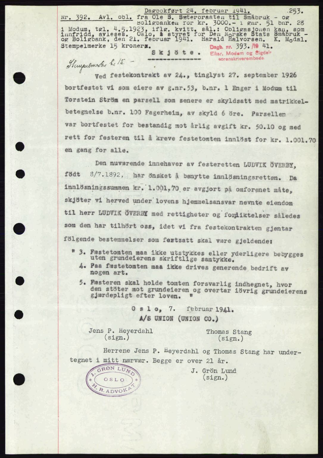 Eiker, Modum og Sigdal sorenskriveri, SAKO/A-123/G/Ga/Gab/L0043: Pantebok nr. A13, 1940-1941, Dagboknr: 393/1941