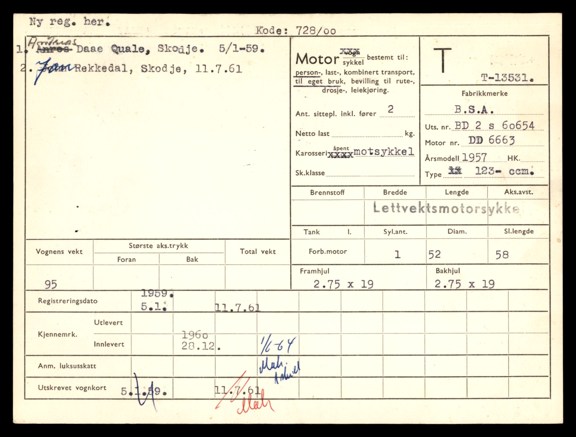 Møre og Romsdal vegkontor - Ålesund trafikkstasjon, AV/SAT-A-4099/F/Fe/L0040: Registreringskort for kjøretøy T 13531 - T 13709, 1927-1998, s. 3