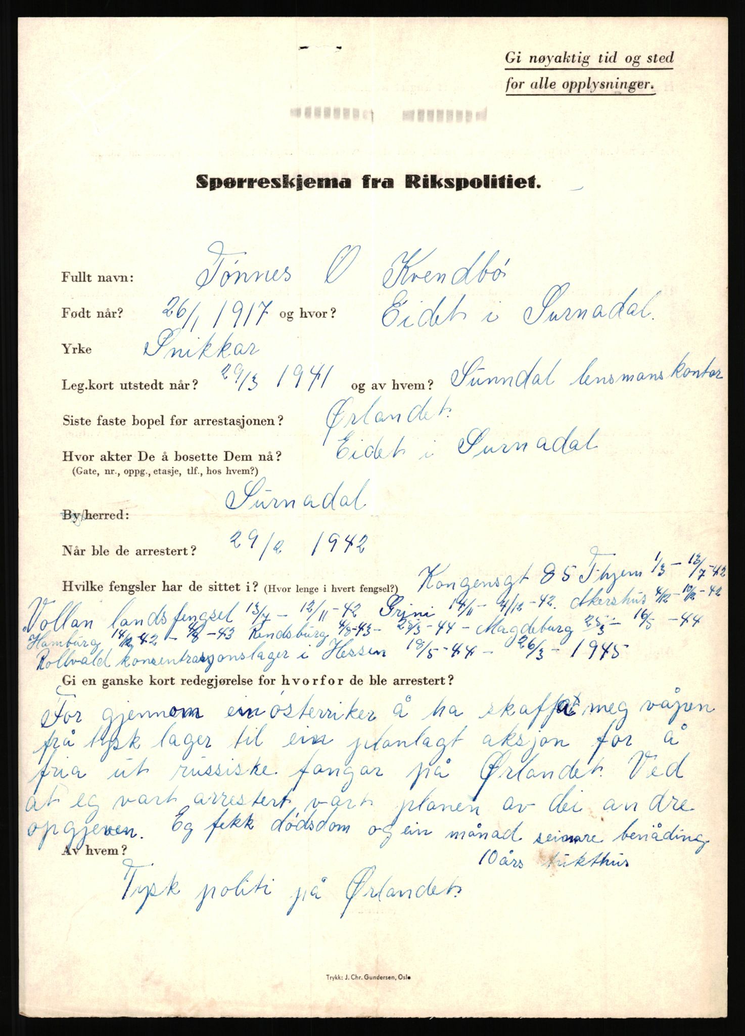 Rikspolitisjefen, AV/RA-S-1560/L/L0010: Kristianslund, Charles Ragnvald - Losvik, Einar, 1940-1945, s. 183