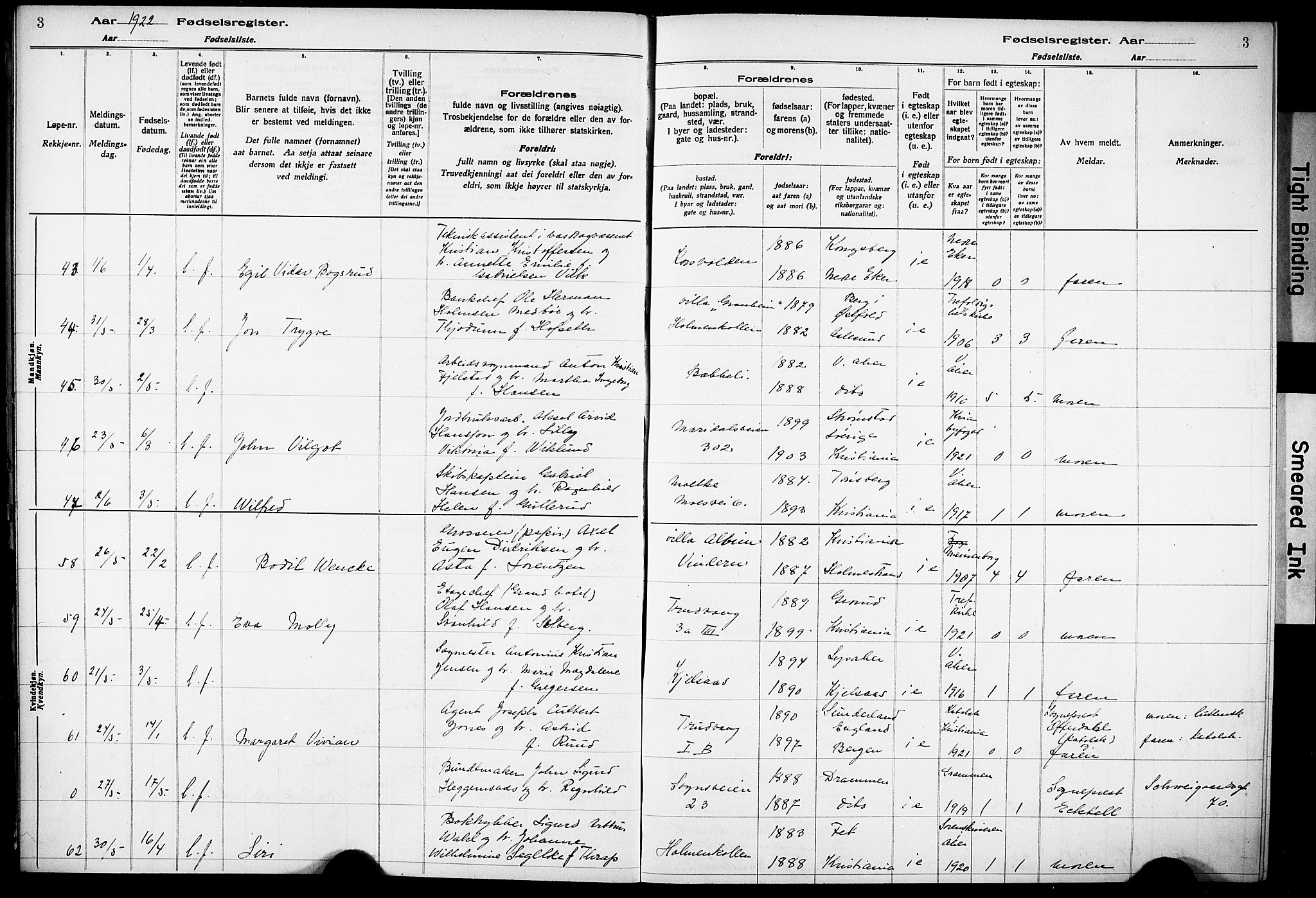 Vestre Aker prestekontor Kirkebøker, AV/SAO-A-10025/J/Ja/L0002: Fødselsregister nr. 2, 1922-1926, s. 3