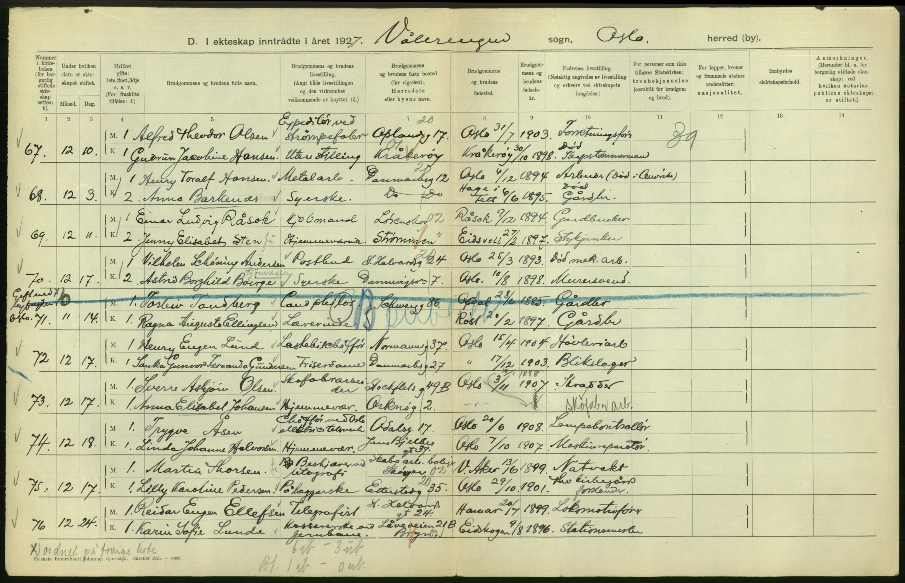 Statistisk sentralbyrå, Sosiodemografiske emner, Befolkning, RA/S-2228/D/Df/Dfc/Dfcg/L0008: Oslo: Gifte, 1927, s. 602