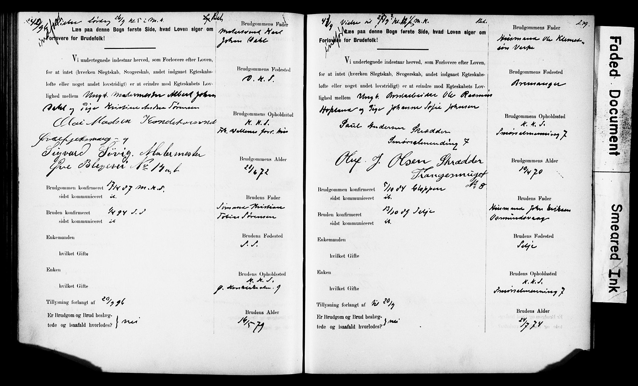 Korskirken sokneprestembete, SAB/A-76101: Forlovererklæringer nr. II.5.6, 1889-1898, s. 279