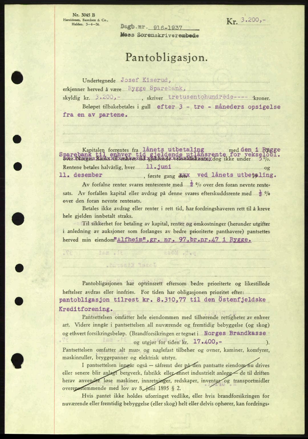 Moss sorenskriveri, SAO/A-10168: Pantebok nr. B3, 1937-1937, Dagboknr: 916/1937