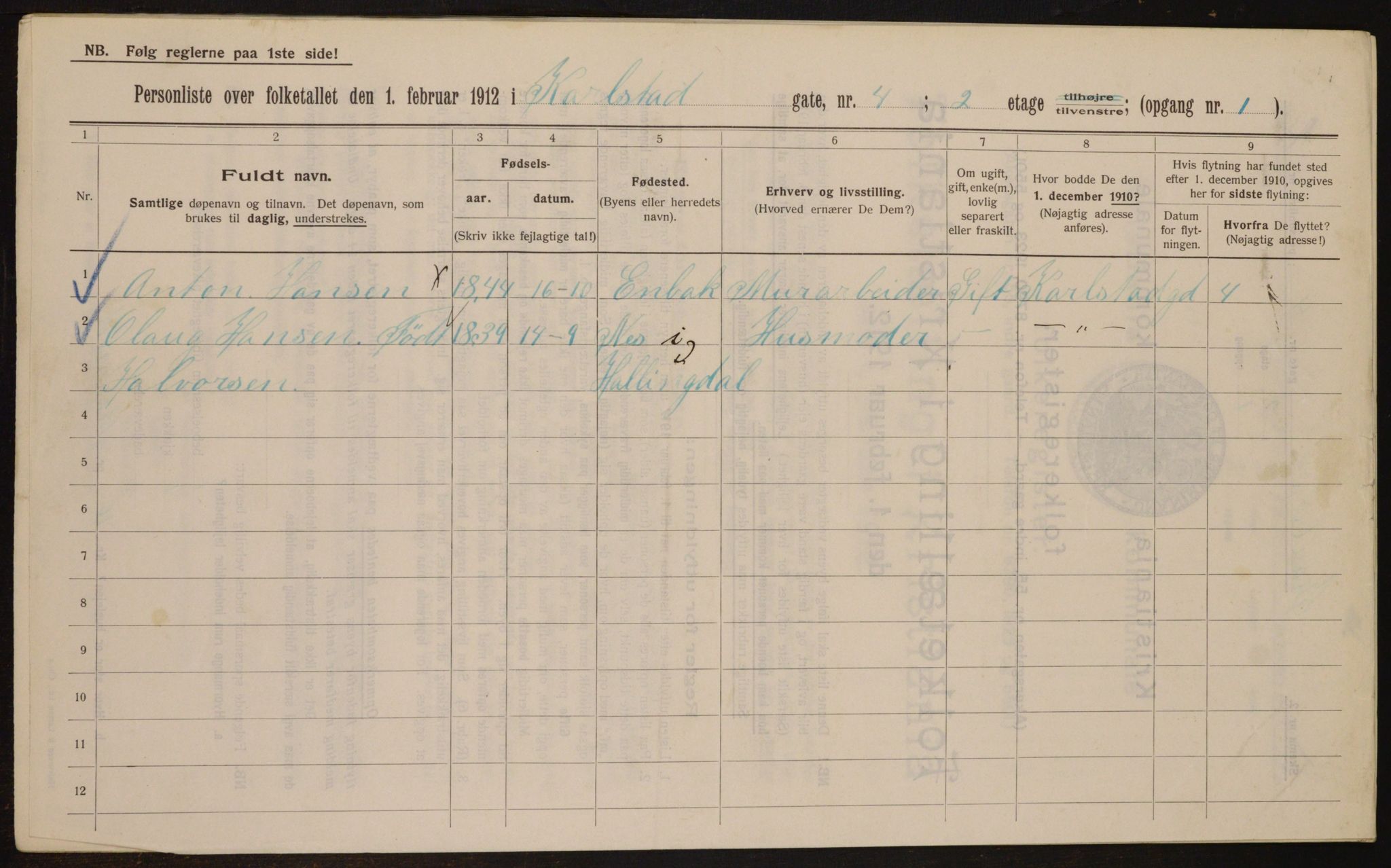 OBA, Kommunal folketelling 1.2.1912 for Kristiania, 1912, s. 49288