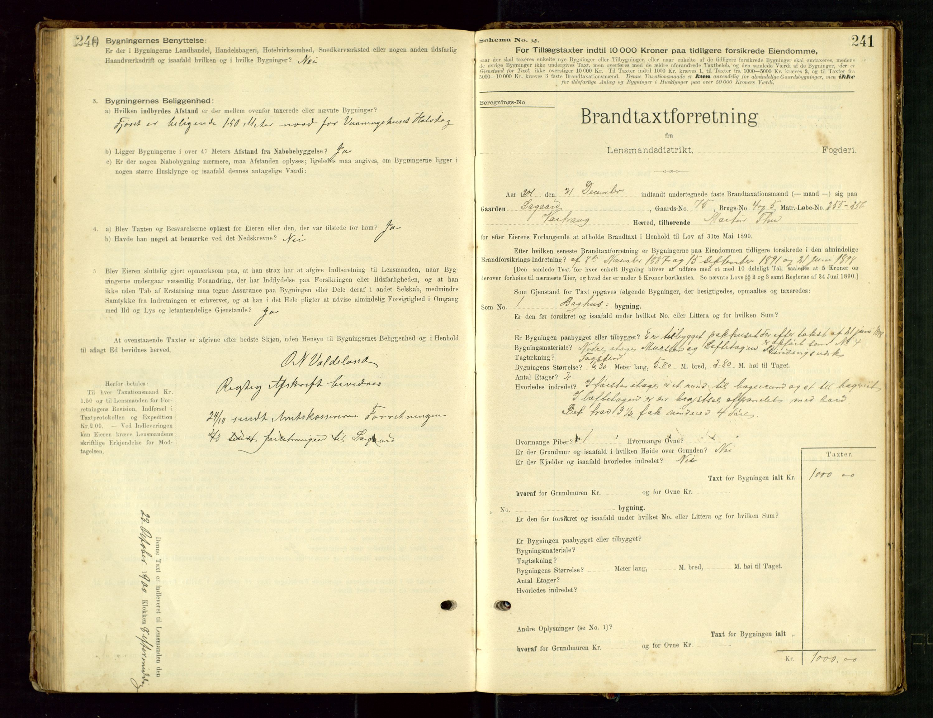 Hå lensmannskontor, SAST/A-100456/Goa/L0003: Takstprotokoll (skjema), 1895-1911, s. 240-241