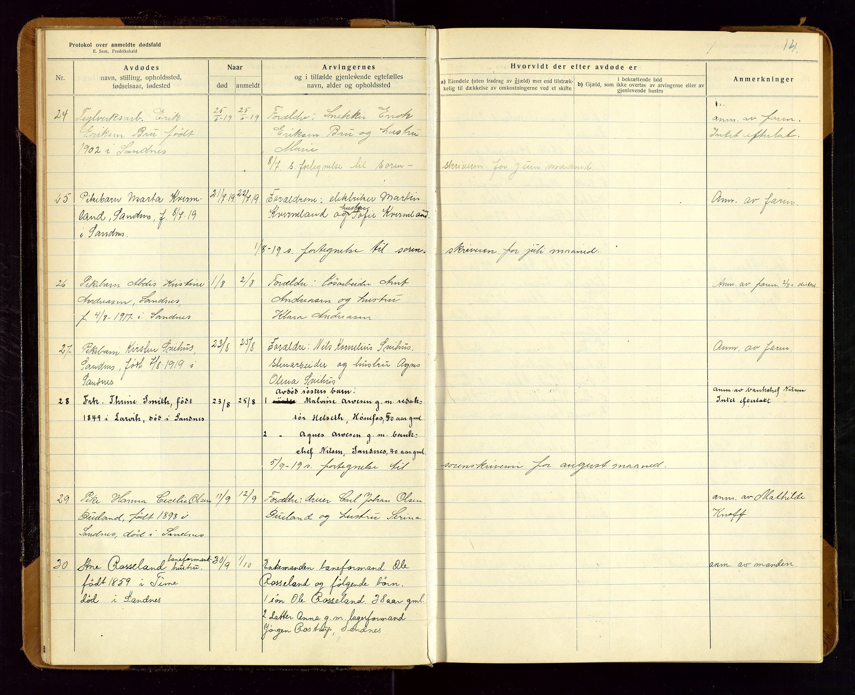 Sandnes lensmannskontor, SAST/A-100167/Gga/L0001: "Protokol over anmeldte dødsfald" m/register, 1918-1940, s. 14