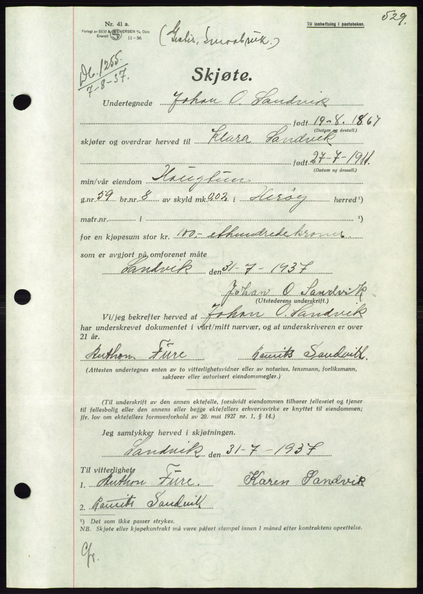 Søre Sunnmøre sorenskriveri, AV/SAT-A-4122/1/2/2C/L0063: Pantebok nr. 57, 1937-1937, Dagboknr: 1255/1937