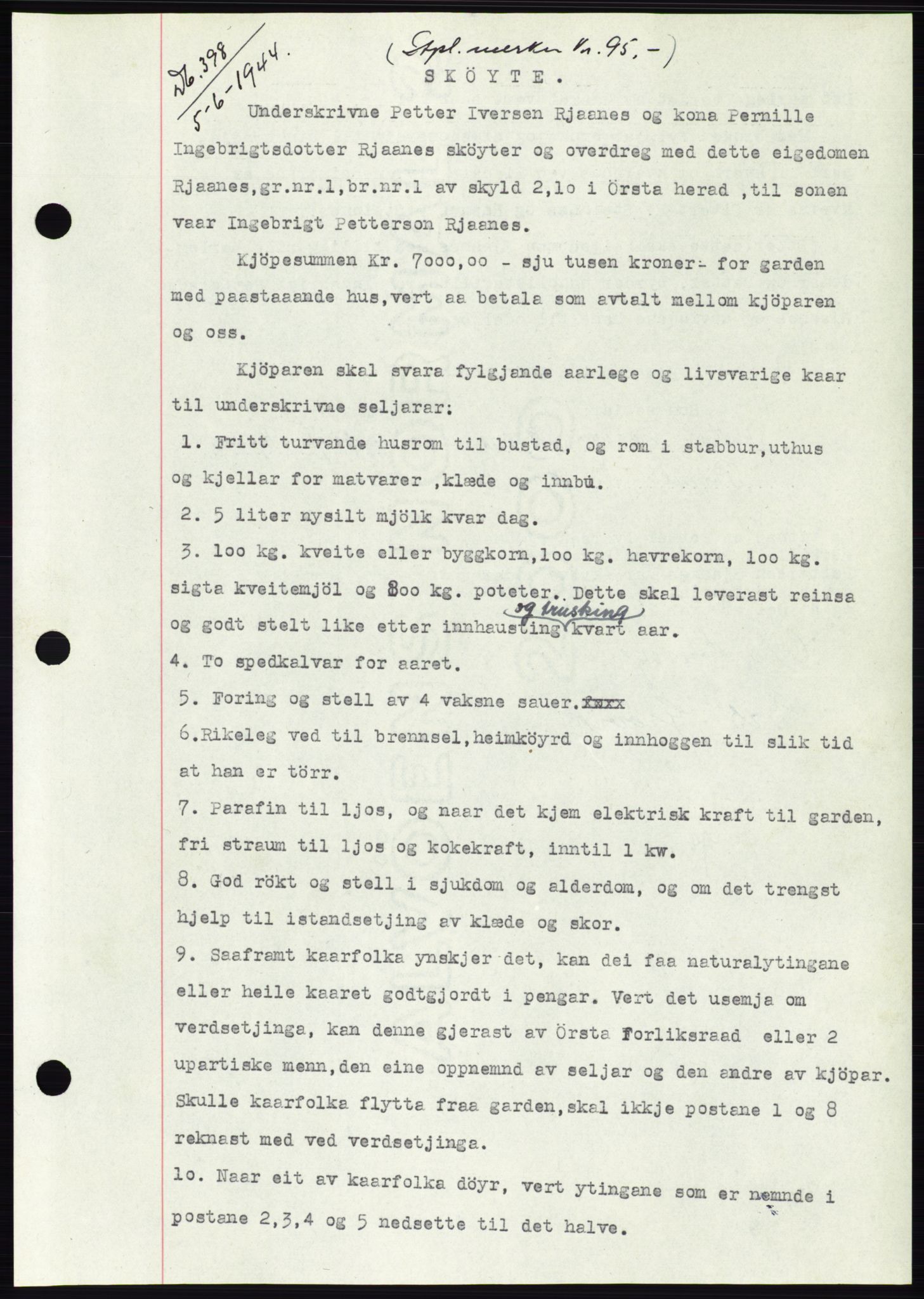 Søre Sunnmøre sorenskriveri, SAT/A-4122/1/2/2C/L0076: Pantebok nr. 2A, 1943-1944, Dagboknr: 398/1944