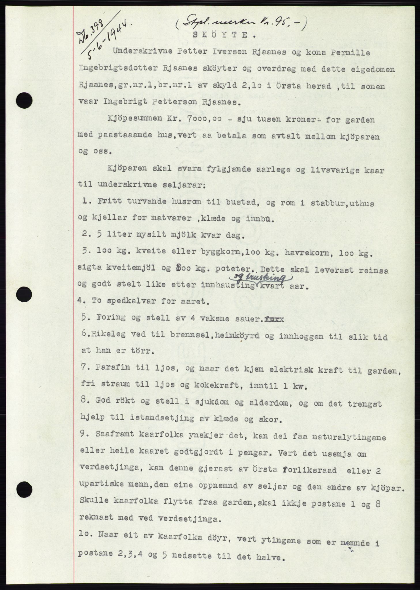 Søre Sunnmøre sorenskriveri, AV/SAT-A-4122/1/2/2C/L0076: Pantebok nr. 2A, 1943-1944, Dagboknr: 398/1944