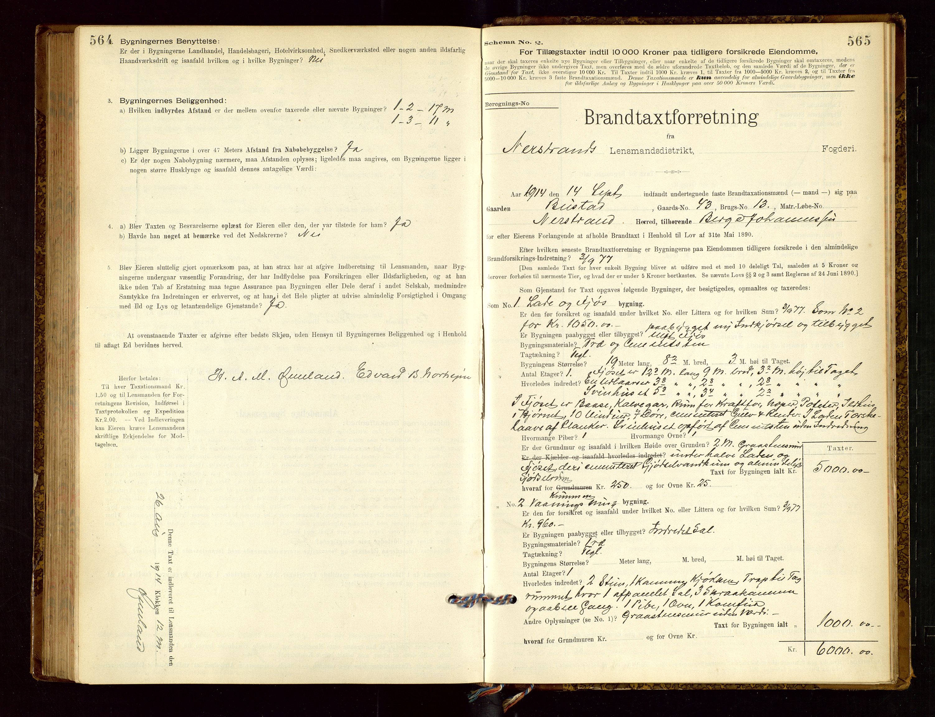 Nedstrand lensmannskontor, SAST/A-100236/Gob/L0001: "Brandtaxationsprotokol for Nerstrand Lensmandsdistrikt Ryfylke fogderi", 1895-1915, s. 564-565