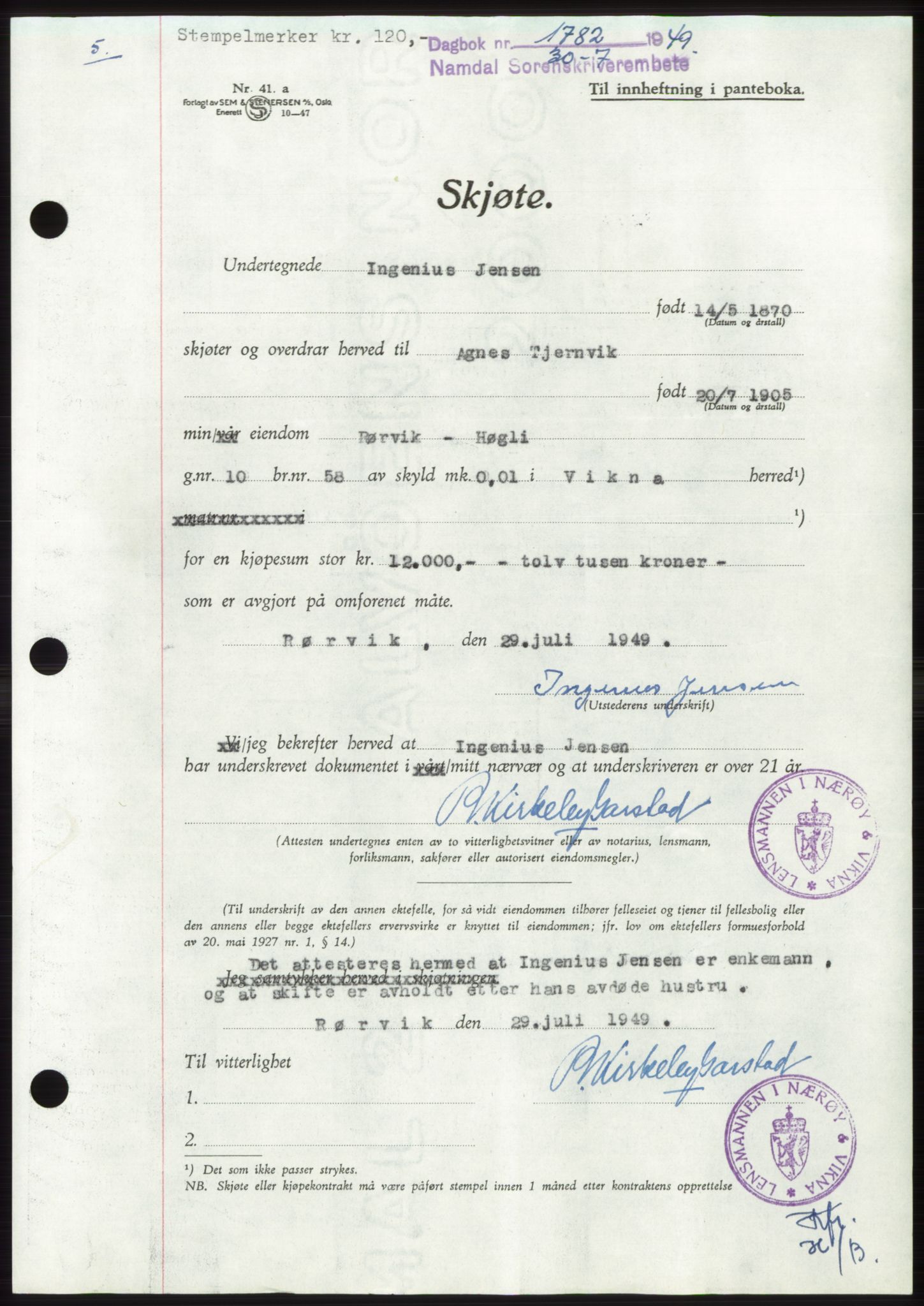 Namdal sorenskriveri, SAT/A-4133/1/2/2C: Pantebok nr. -, 1949-1949, Dagboknr: 1782/1949
