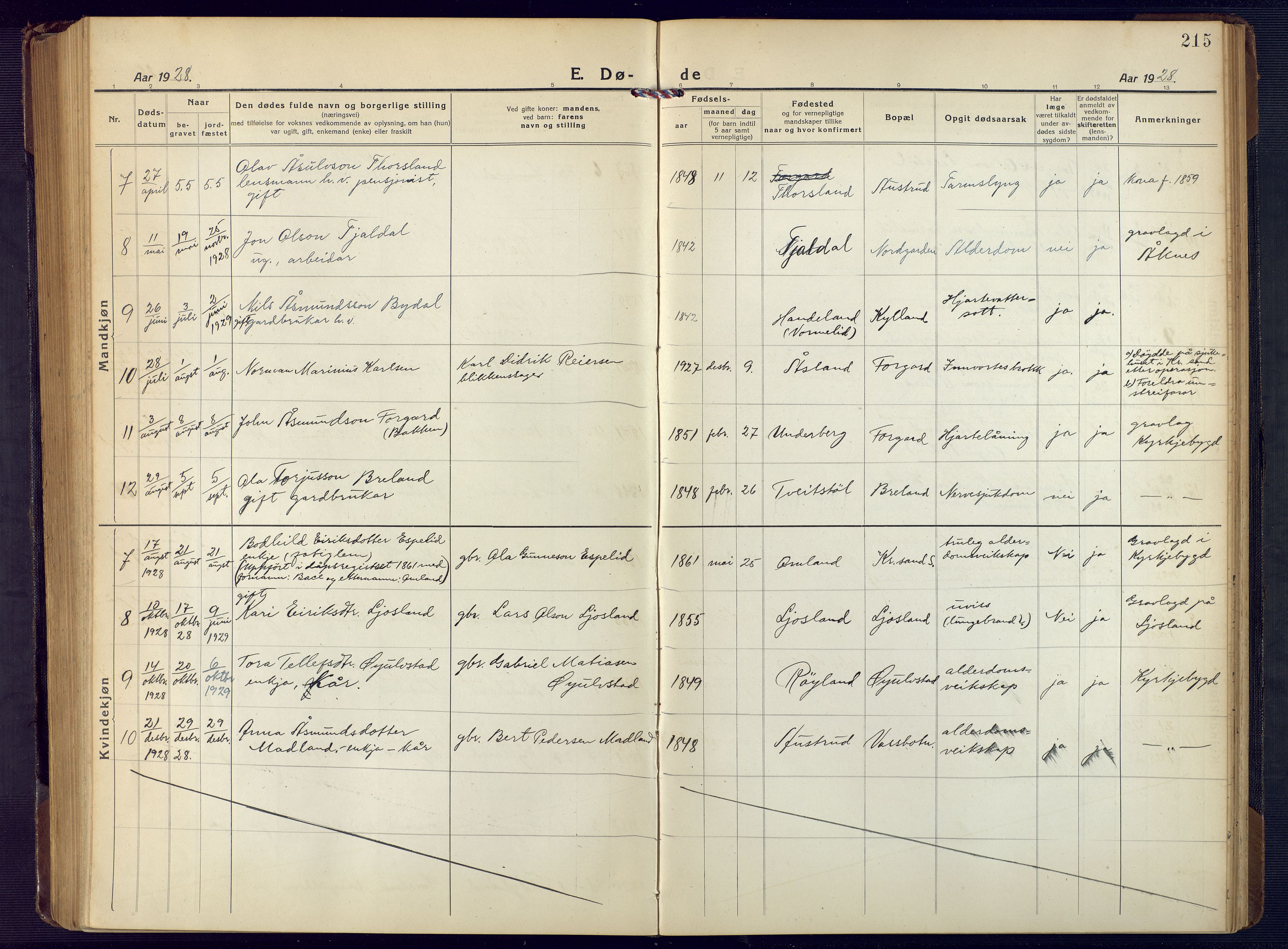 Åseral sokneprestkontor, AV/SAK-1111-0051/F/Fb/L0004: Klokkerbok nr. B 4, 1920-1946, s. 215