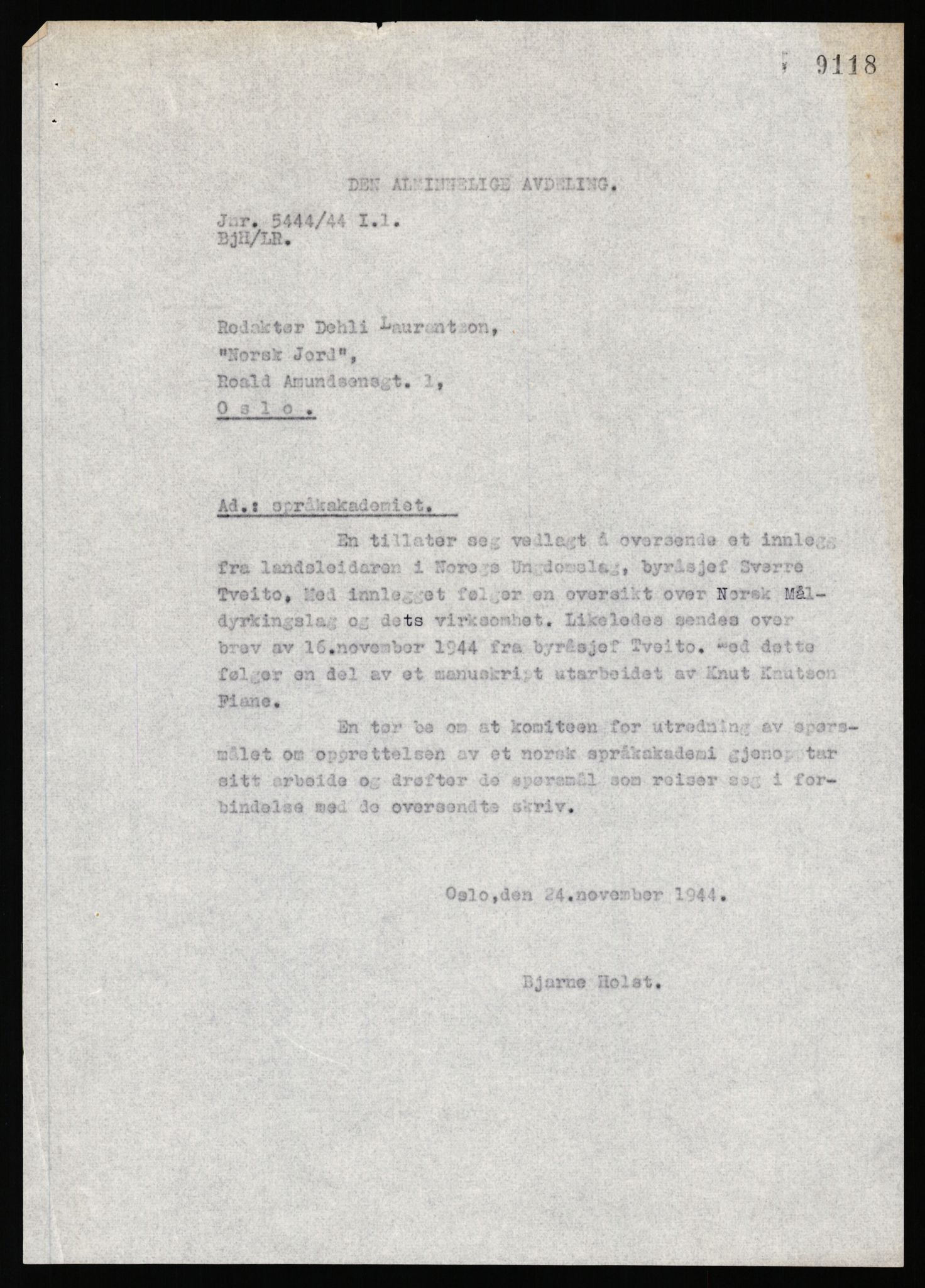 Kultur- og folkeopplysningsdepartementet, Den alminnelige avdeling. 1940-45, AV/RA-S-6010/E/Ea/L0016/0007: Sakarkiv / Kulturtingets møter 1944 i Trondheim, 1943-1945, s. 21