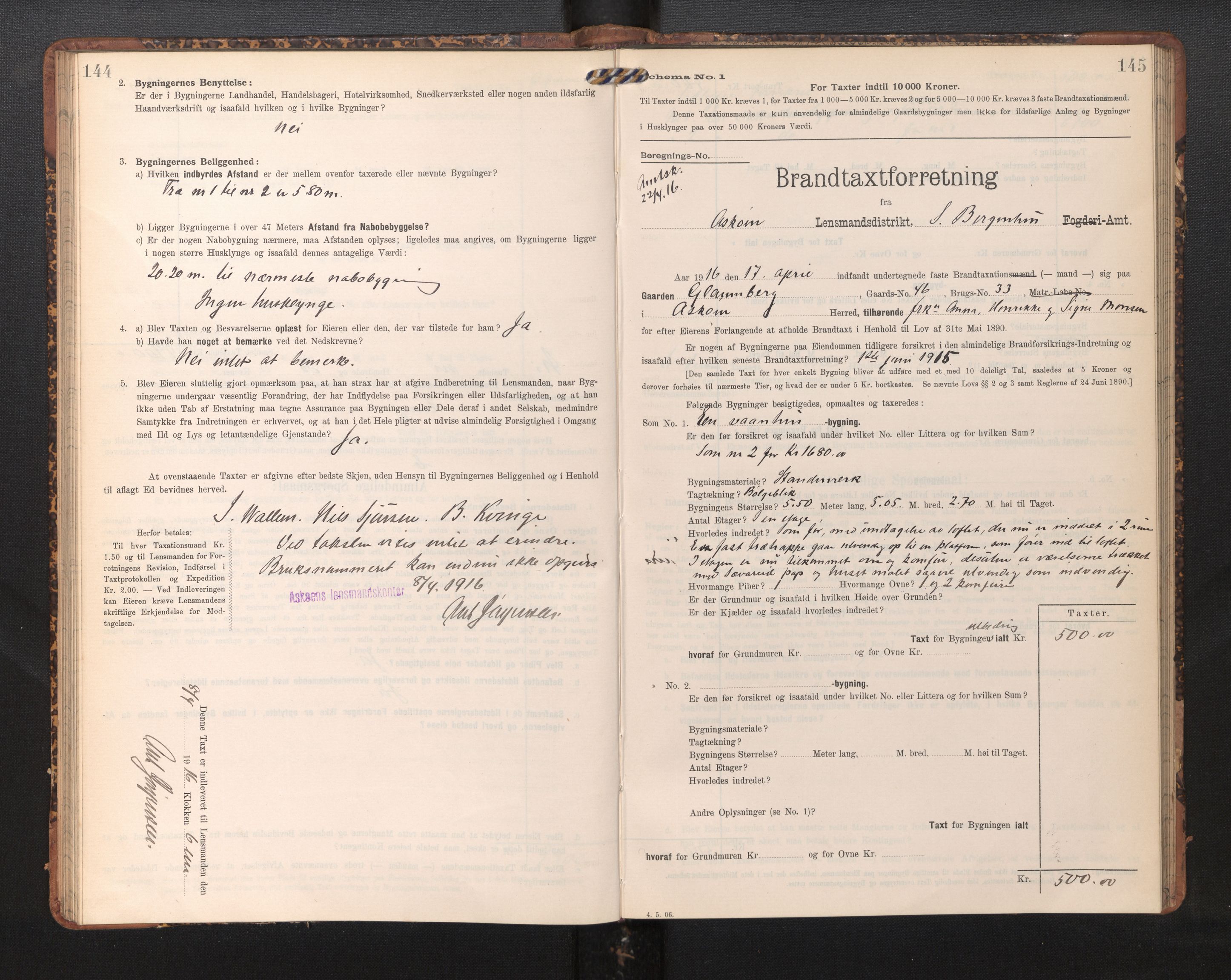 Lensmannen i Askøy, AV/SAB-A-31001/0012/L0006: Branntakstprotokoll, skjematakst, Laksevåg, 1907-1917, s. 144-145