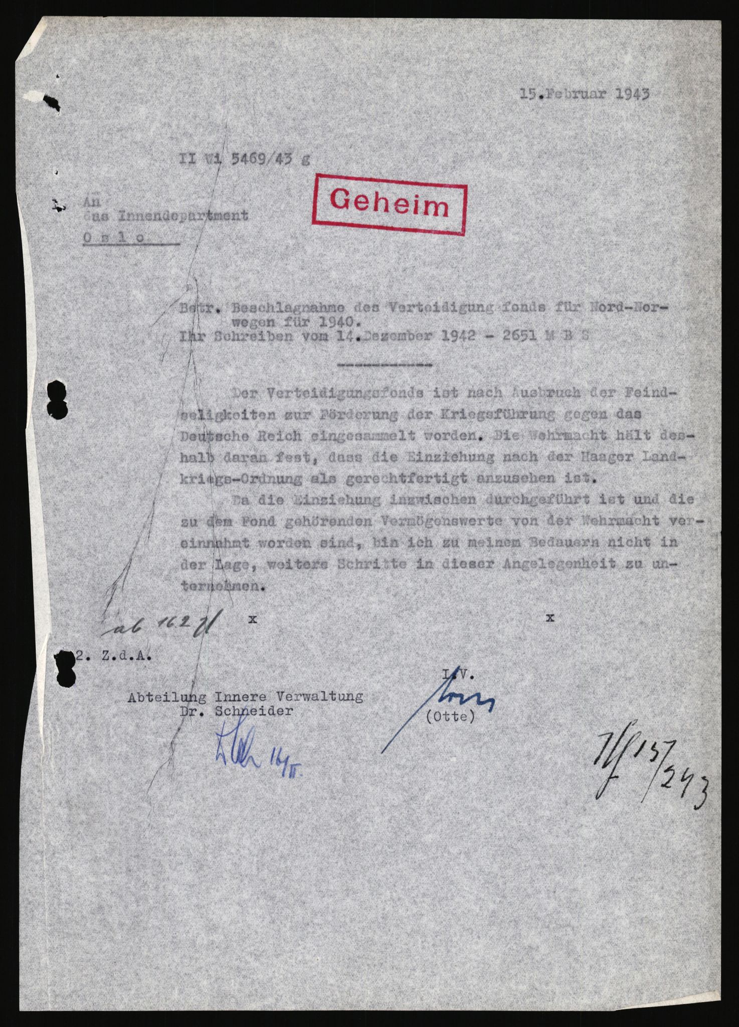 Forsvarets Overkommando. 2 kontor. Arkiv 11.4. Spredte tyske arkivsaker, AV/RA-RAFA-7031/D/Dar/Darb/L0003: Reichskommissariat - Hauptabteilung Vervaltung, 1940-1945, s. 1667