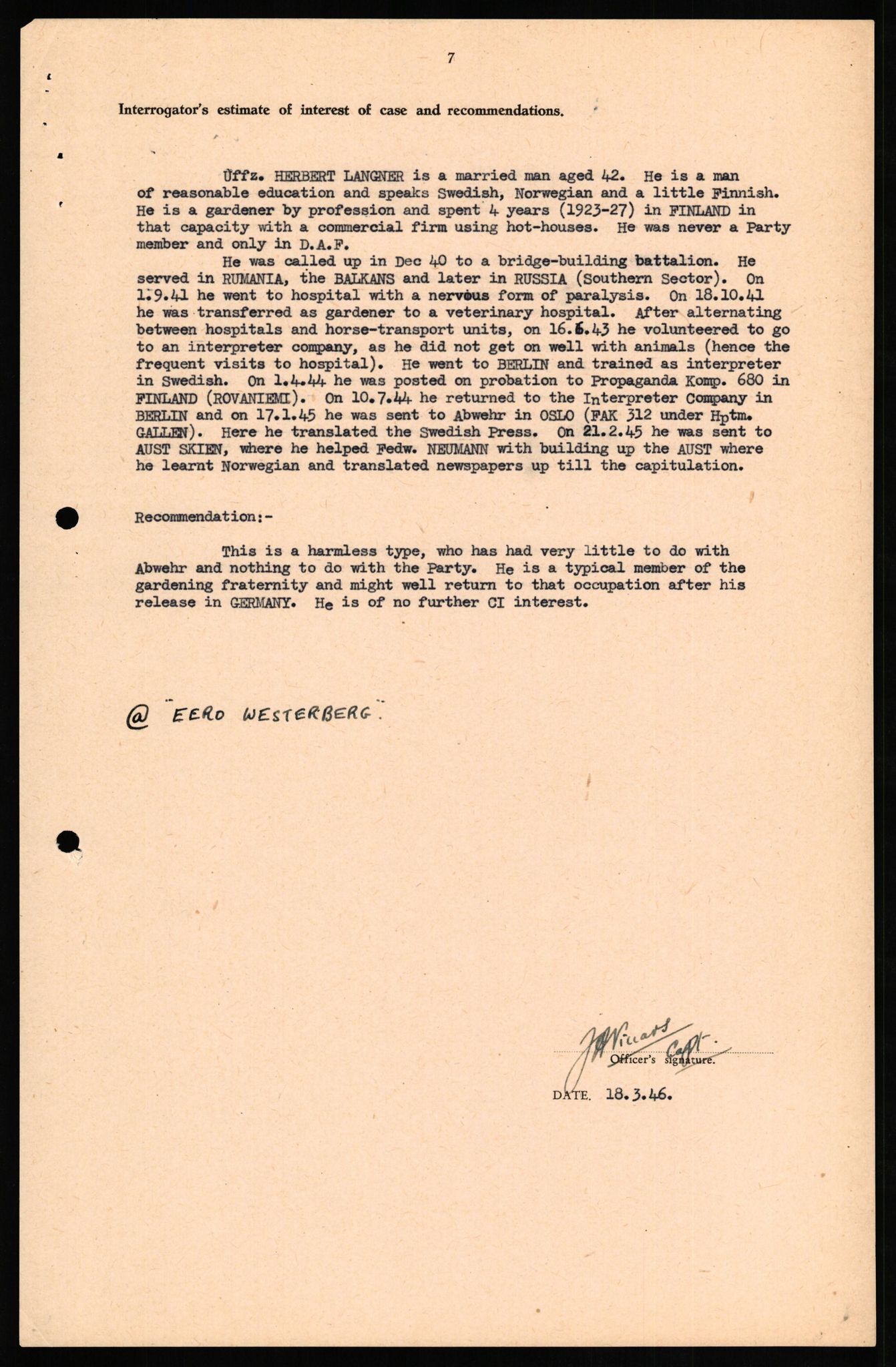 Forsvaret, Forsvarets overkommando II, AV/RA-RAFA-3915/D/Db/L0019: CI Questionaires. Tyske okkupasjonsstyrker i Norge. Tyskere., 1945-1946, s. 421