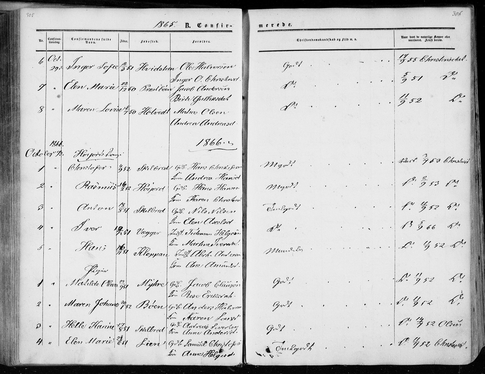Andebu kirkebøker, AV/SAKO-A-336/F/Fa/L0005: Ministerialbok nr. I 5, 1857-1870, s. 305-306