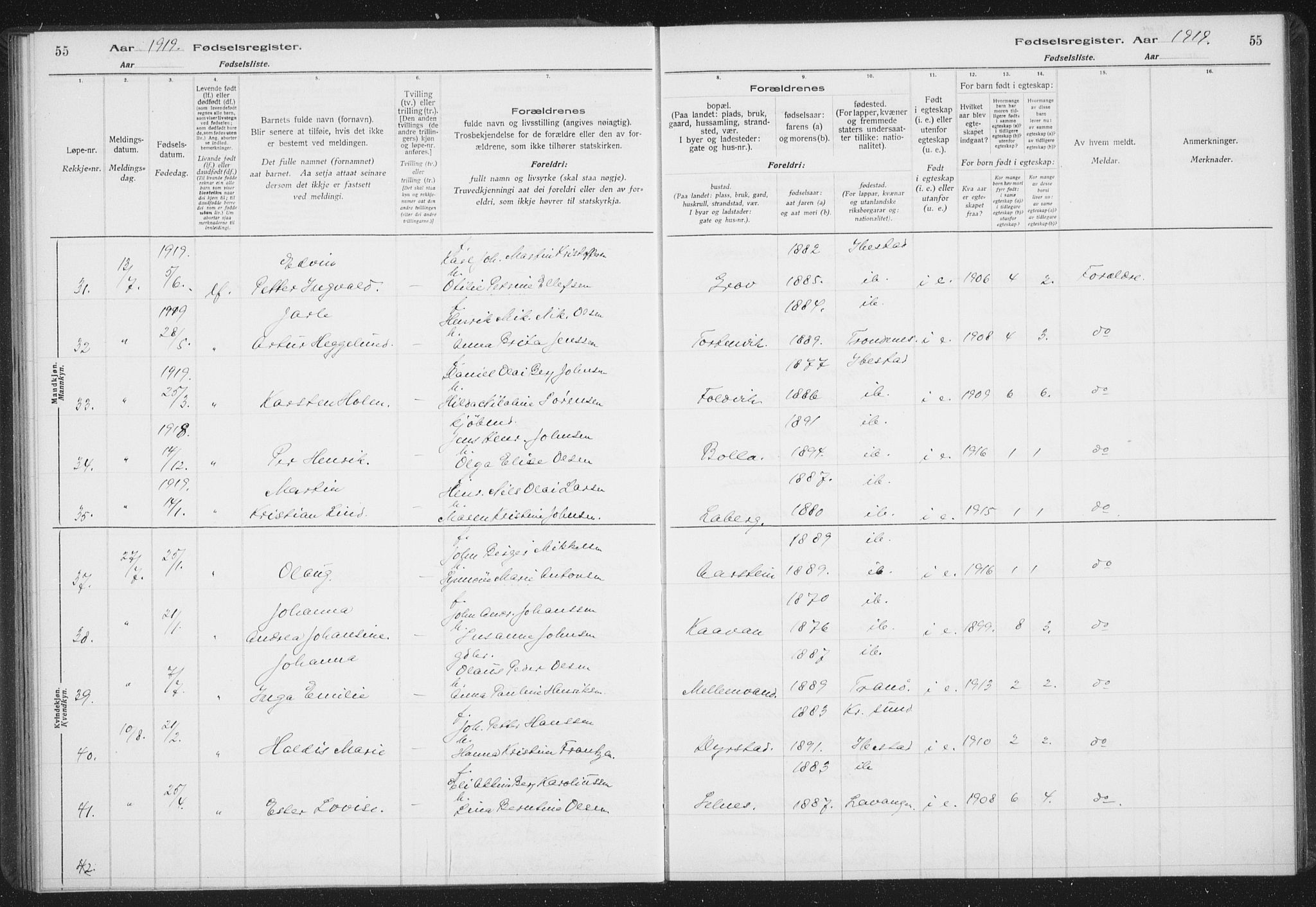 Ibestad sokneprestembete, AV/SATØ-S-0077/I/Ic/L0061: Fødselsregister nr. 61, 1917-1929, s. 55