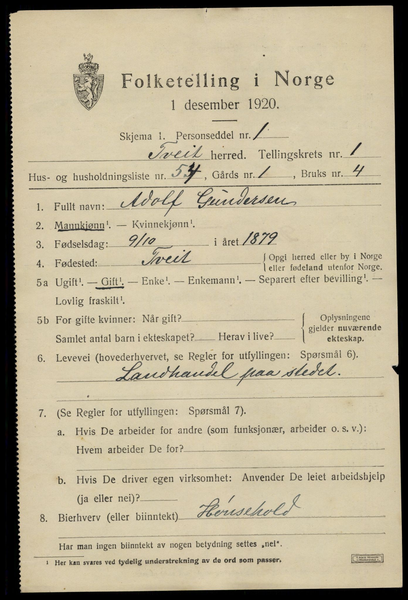 SAK, Folketelling 1920 for 1013 Tveit herred, 1920, s. 1212