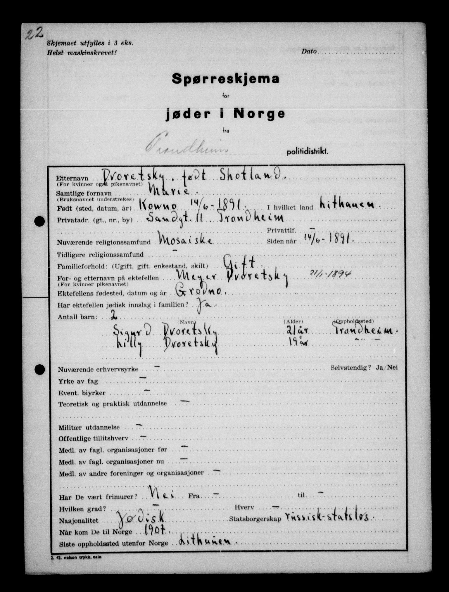 Statspolitiet - Hovedkontoret / Osloavdelingen, AV/RA-S-1329/G/Ga/L0013: Spørreskjema for jøder i Norge. 1: Sandefjord-Trondheim. 2: Tønsberg- Ålesund.  3: Skriv vedr. jøder A-H.  , 1942-1943, s. 215