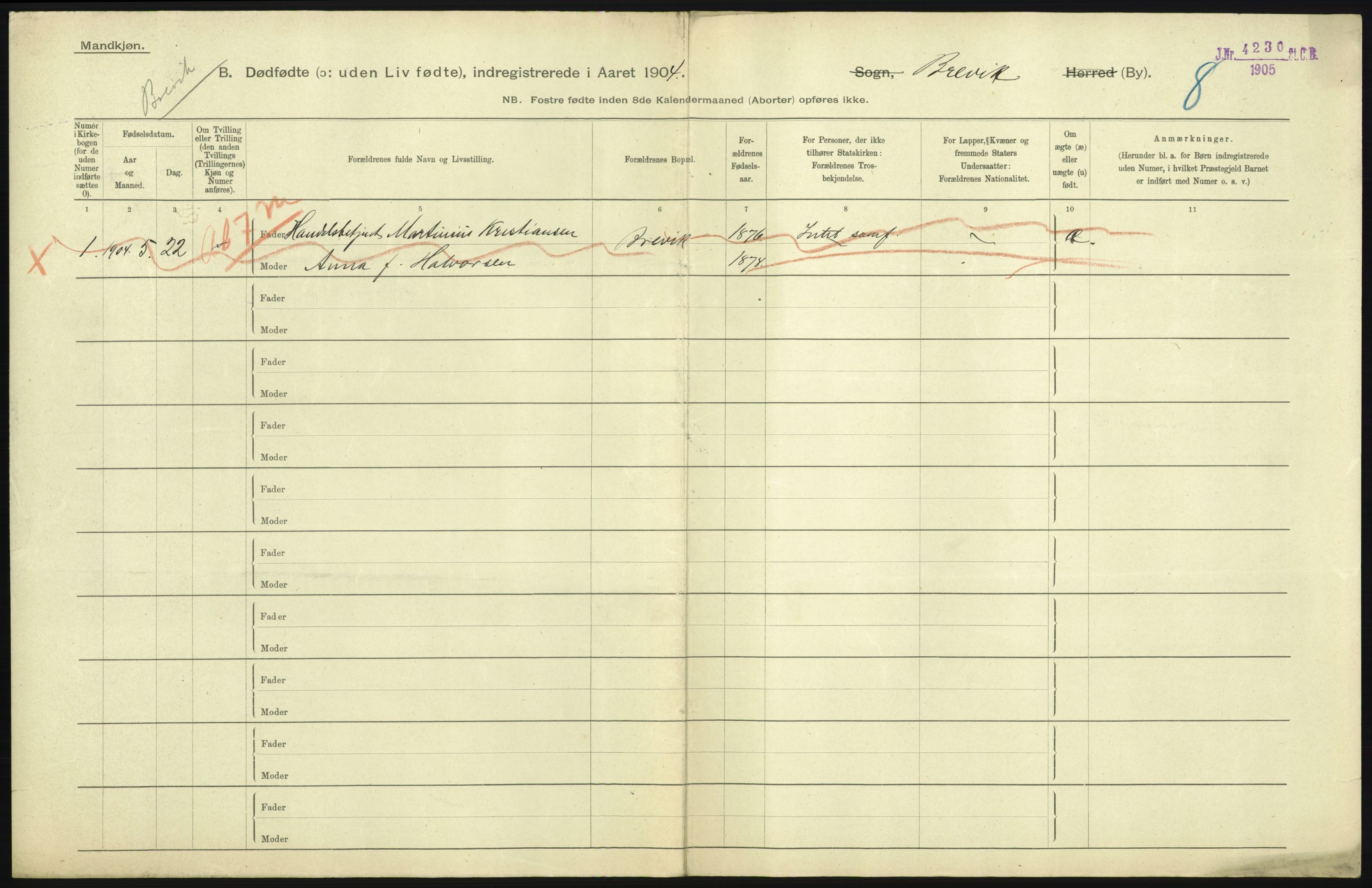 Statistisk sentralbyrå, Sosiodemografiske emner, Befolkning, RA/S-2228/D/Df/Dfa/Dfab/L0027: Smålenes amt - Finnmarkens amt: Dødfødte. Byer, 1904, s. 137