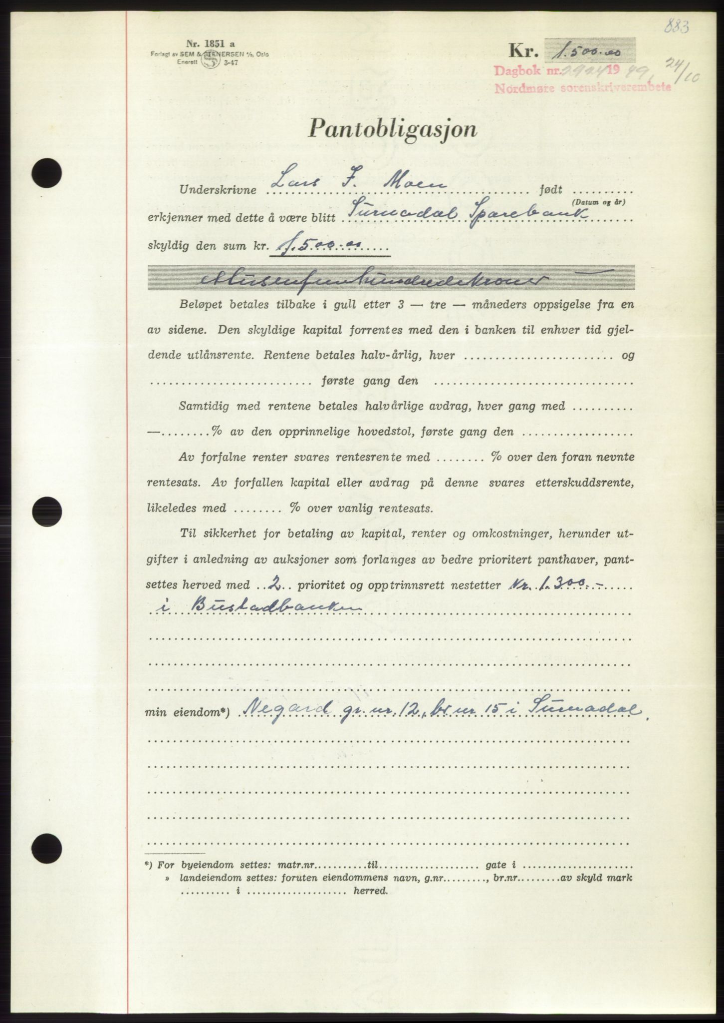 Nordmøre sorenskriveri, AV/SAT-A-4132/1/2/2Ca: Pantebok nr. B102, 1949-1949, Dagboknr: 2924/1949