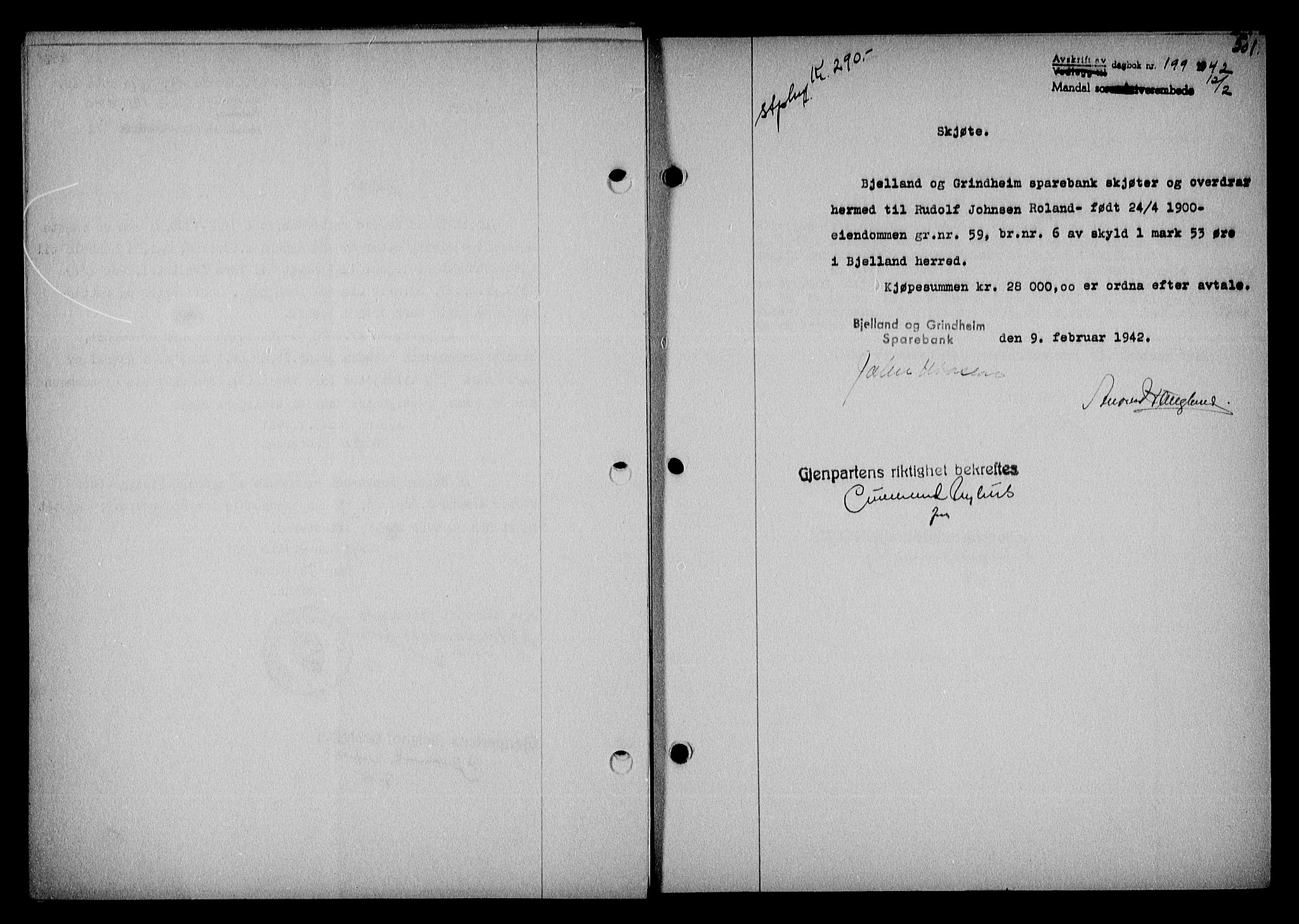 Mandal sorenskriveri, SAK/1221-0005/001/G/Gb/Gba/L0074: Pantebok nr. A-11, 1942-1943, Dagboknr: 199/1942