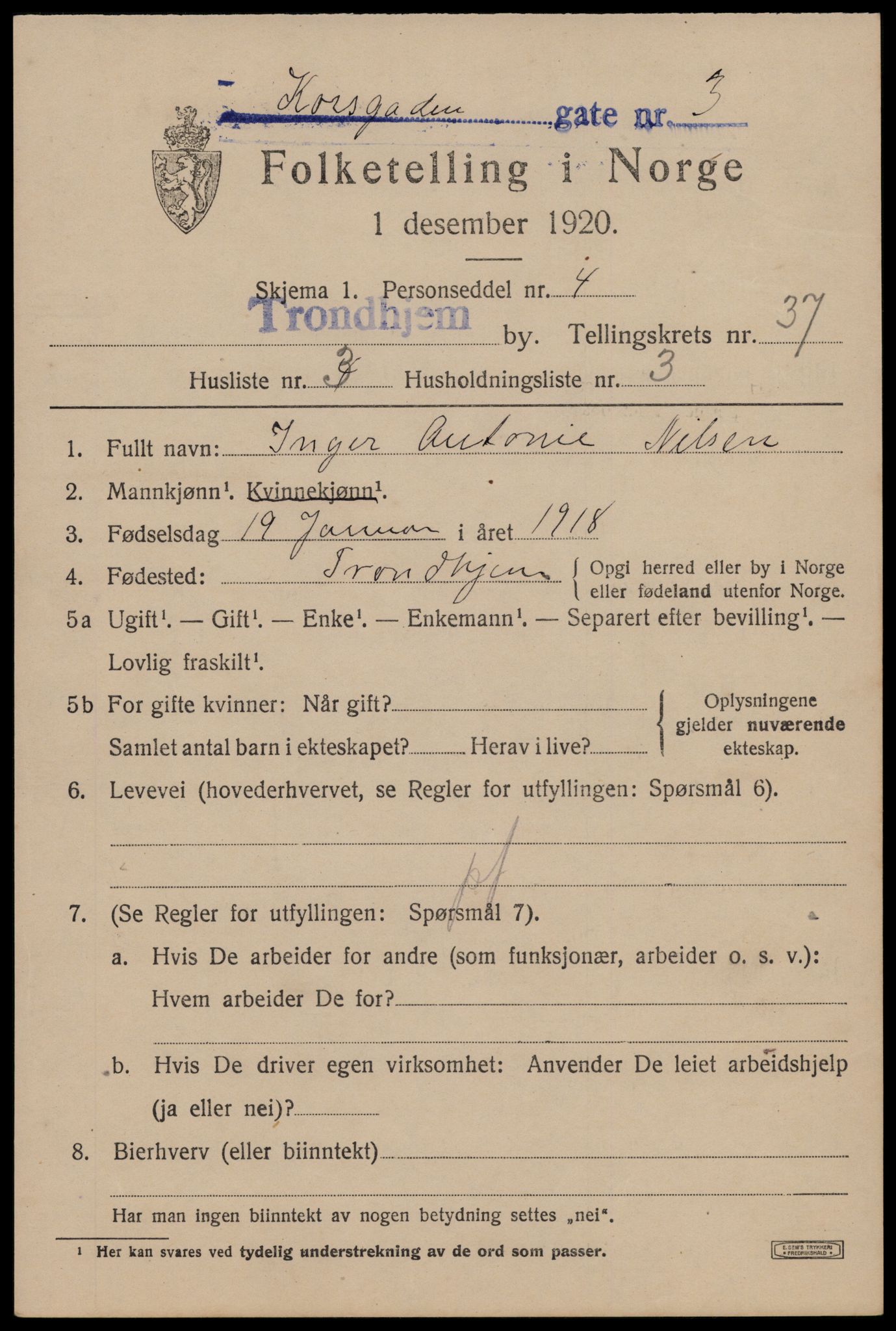 SAT, Folketelling 1920 for 1601 Trondheim kjøpstad, 1920, s. 84586