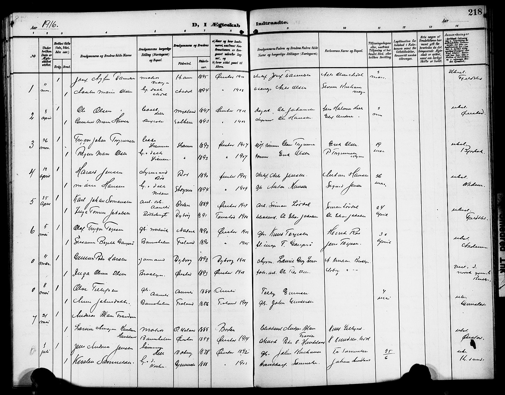 Øyestad sokneprestkontor, AV/SAK-1111-0049/F/Fb/L0011: Klokkerbok nr. B 11, 1906-1918, s. 218