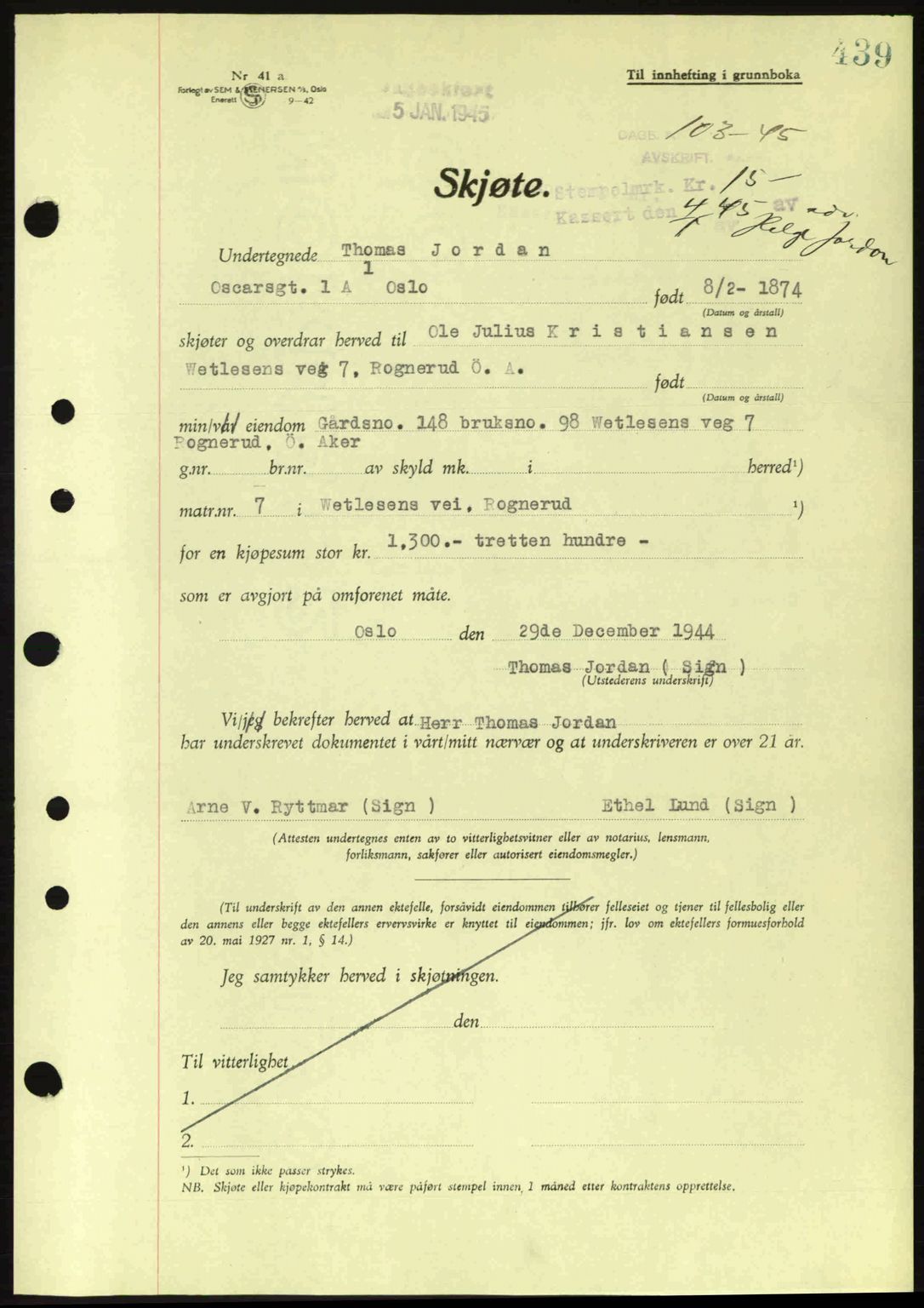 Aker herredsskriveri, SAO/A-10896/G/Gb/Gba/Gbab/L0063: Pantebok nr. A184-185, 1944-1945, Dagboknr: 103/1945