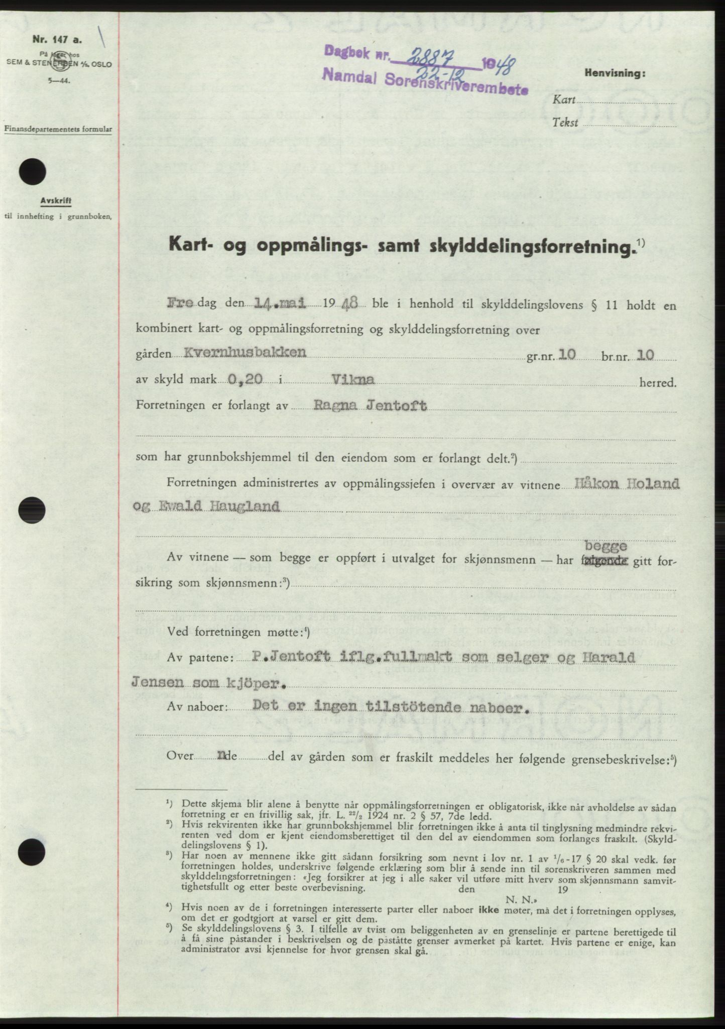 Namdal sorenskriveri, SAT/A-4133/1/2/2C: Pantebok nr. -, 1948-1948, Dagboknr: 2887/1948