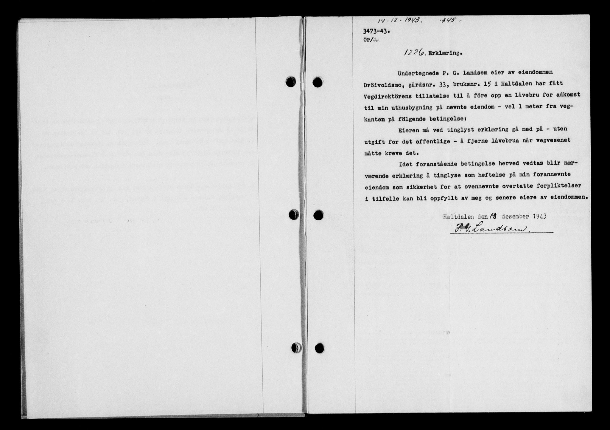 Gauldal sorenskriveri, SAT/A-0014/1/2/2C/L0057: Pantebok nr. 62, 1943-1944, Dagboknr: 1226/1943