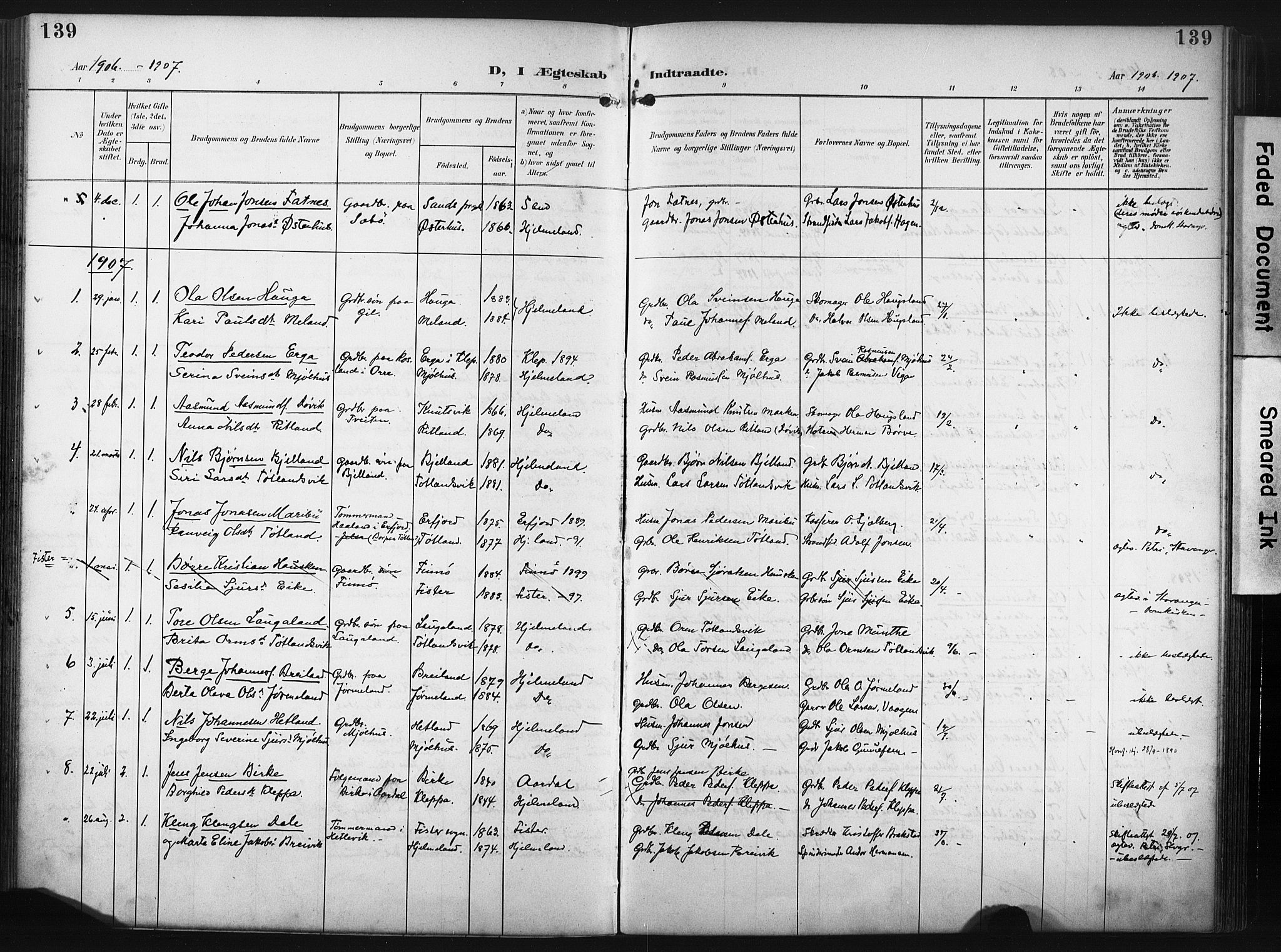 Hjelmeland sokneprestkontor, AV/SAST-A-101843/02/A/L0002: Ministerialbok nr. A 17, 1901-1916, s. 139