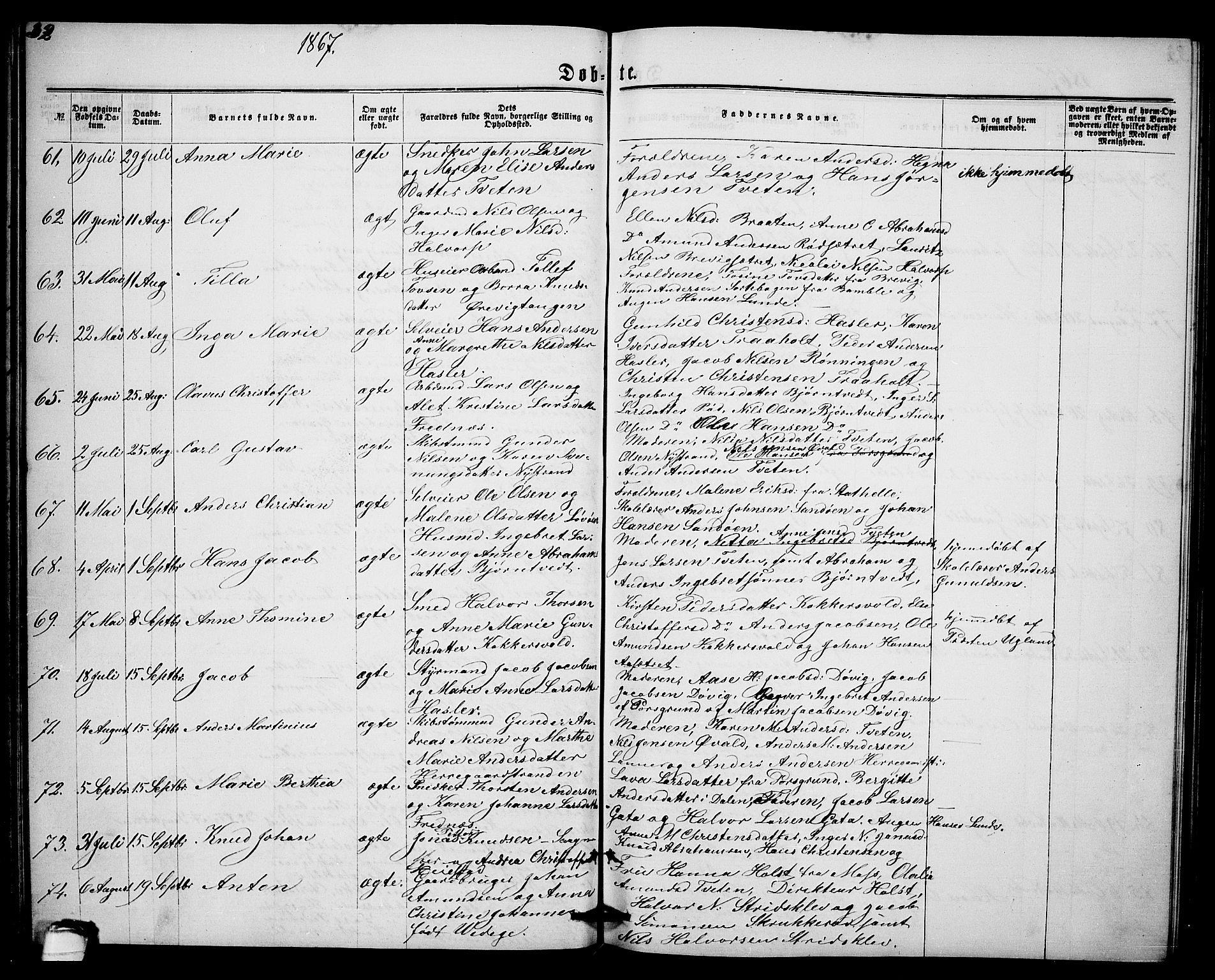 Eidanger kirkebøker, AV/SAKO-A-261/G/Ga/L0001: Klokkerbok nr. 1, 1863-1878, s. 32